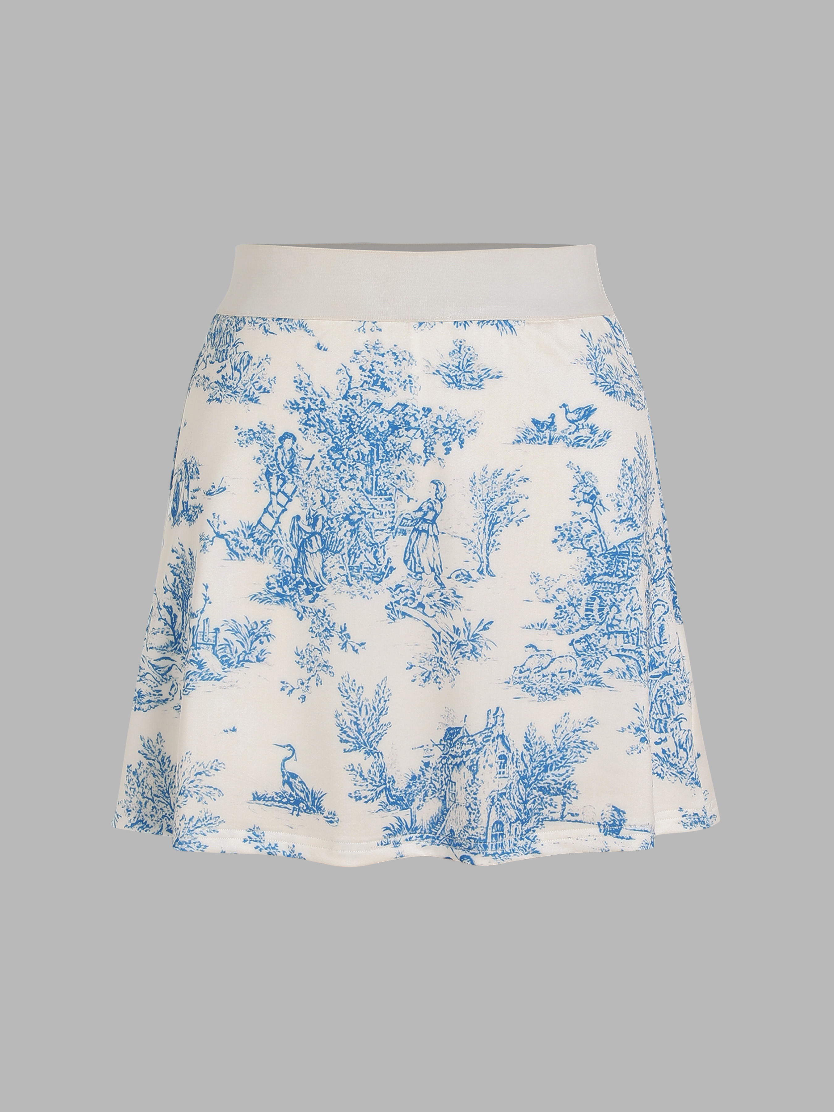 active-toile-de-jouy-mini-skirt-for-exhibition-coffee-shop