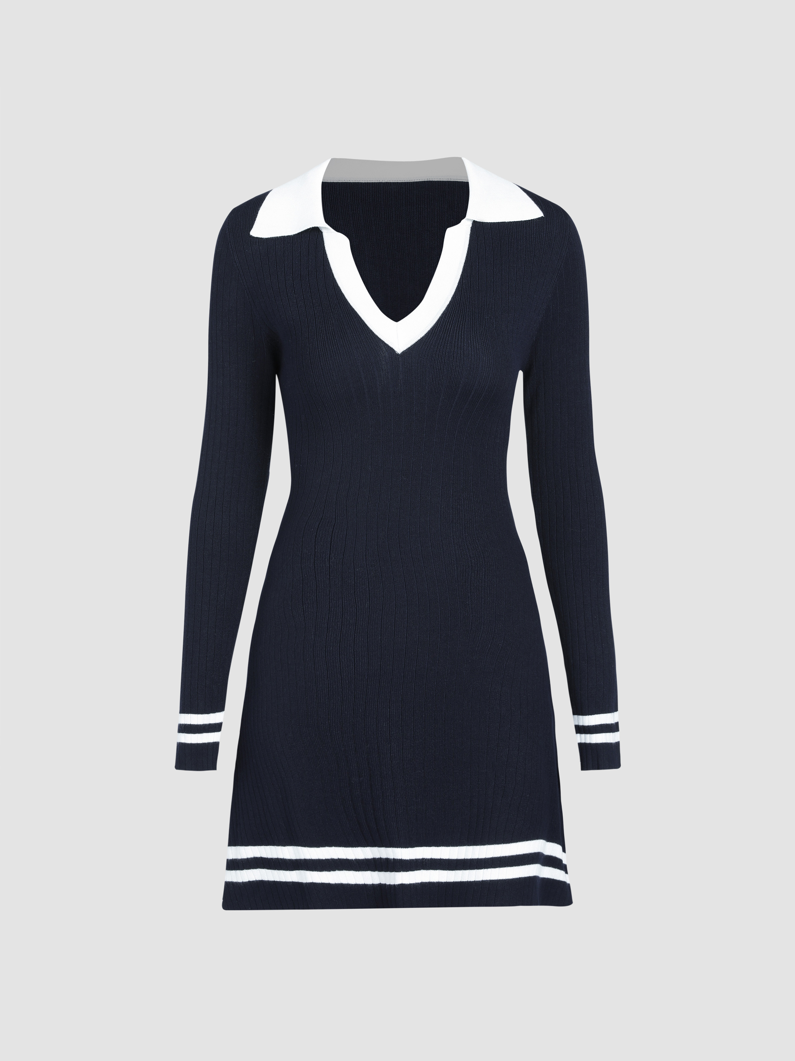 Contrasting Collar Knitted Dress
