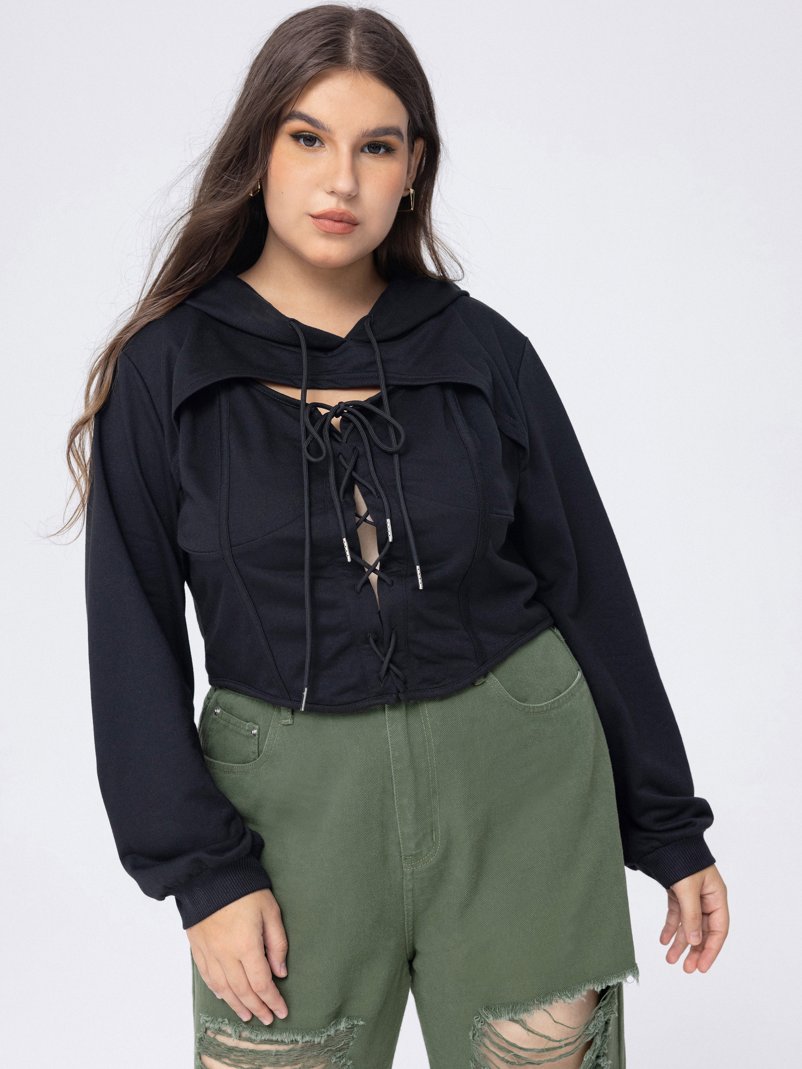 Solid Lace Up Crop Hoodie Curve Plus Cider