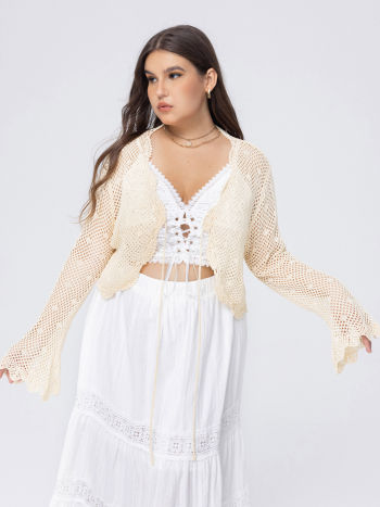 Crochet Knit Hollow Out Cardigan Curve & Plus For Daily Casual Vacation
