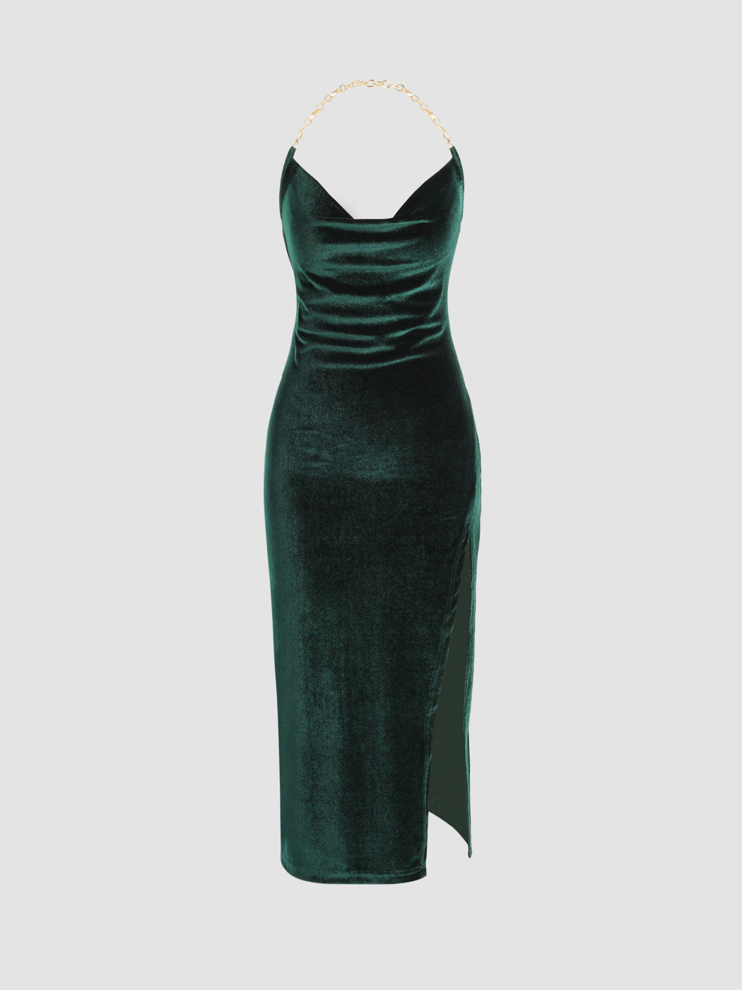 Kleid mit Kettenhalter aus Samt mit Wasserfallausschnitt und Schlitz