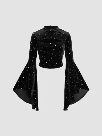 Velvet Star Pattern Bell Sleeve Crop Top