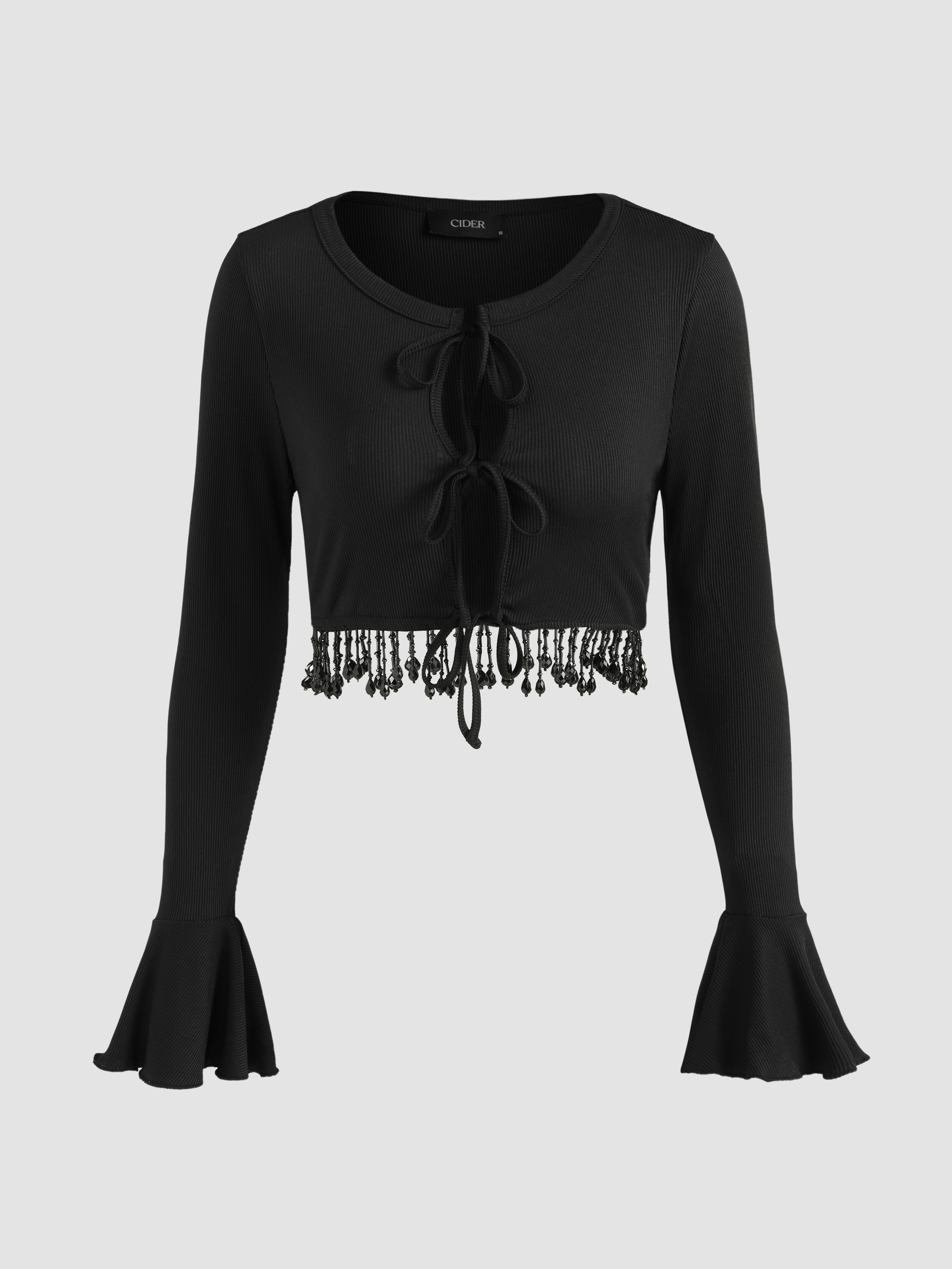Solid Beaded Fringe Lace Up Crop Top Cider