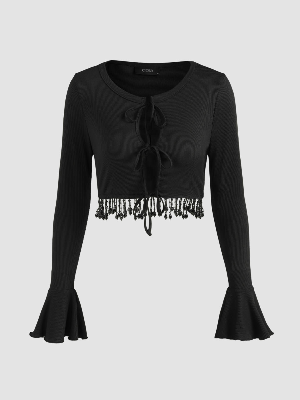 Solid Beaded Fringe Lace Up Crop Top