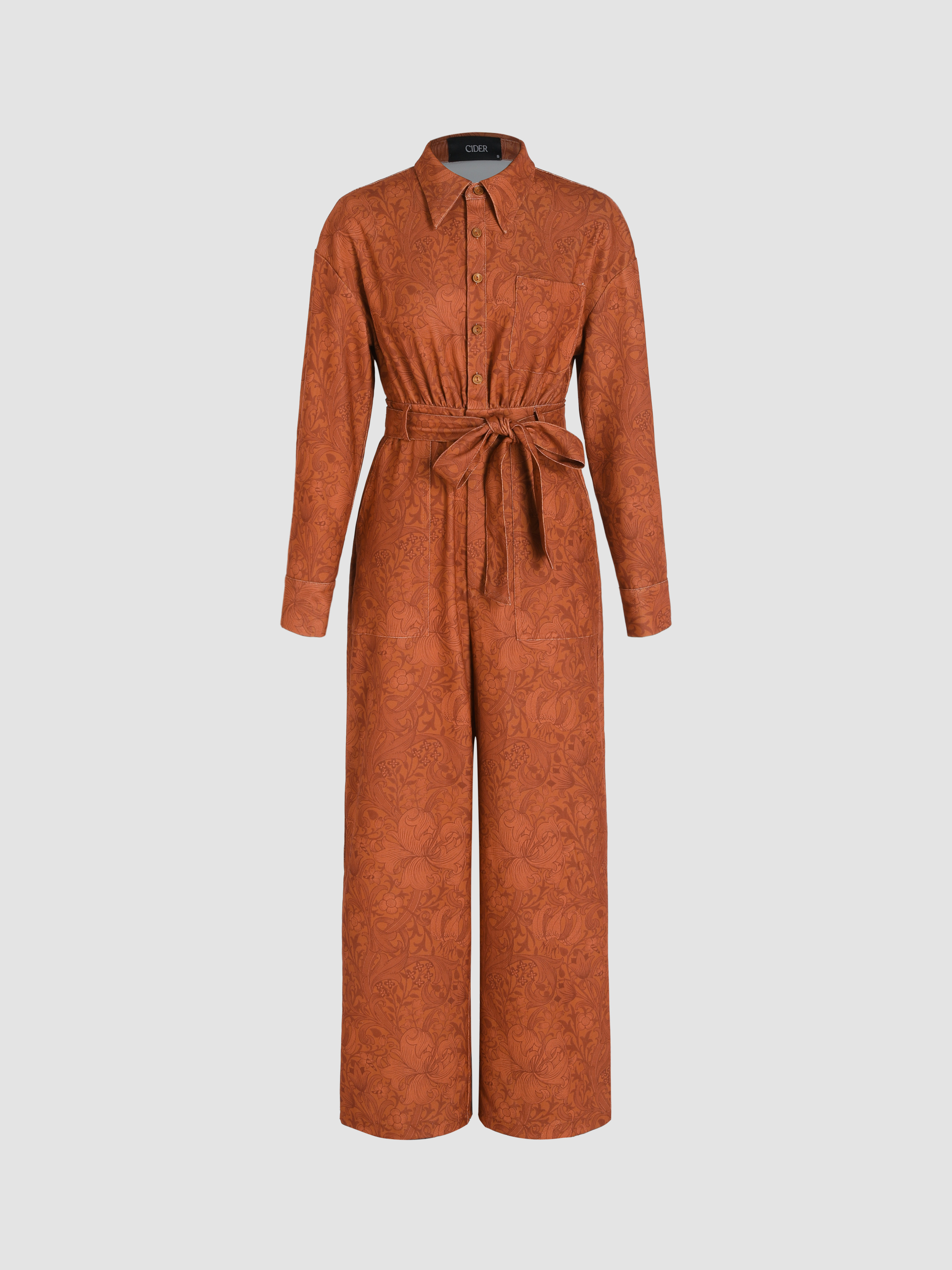 Floral Corduroy Button Wide Leg Jumpsuit Cider
