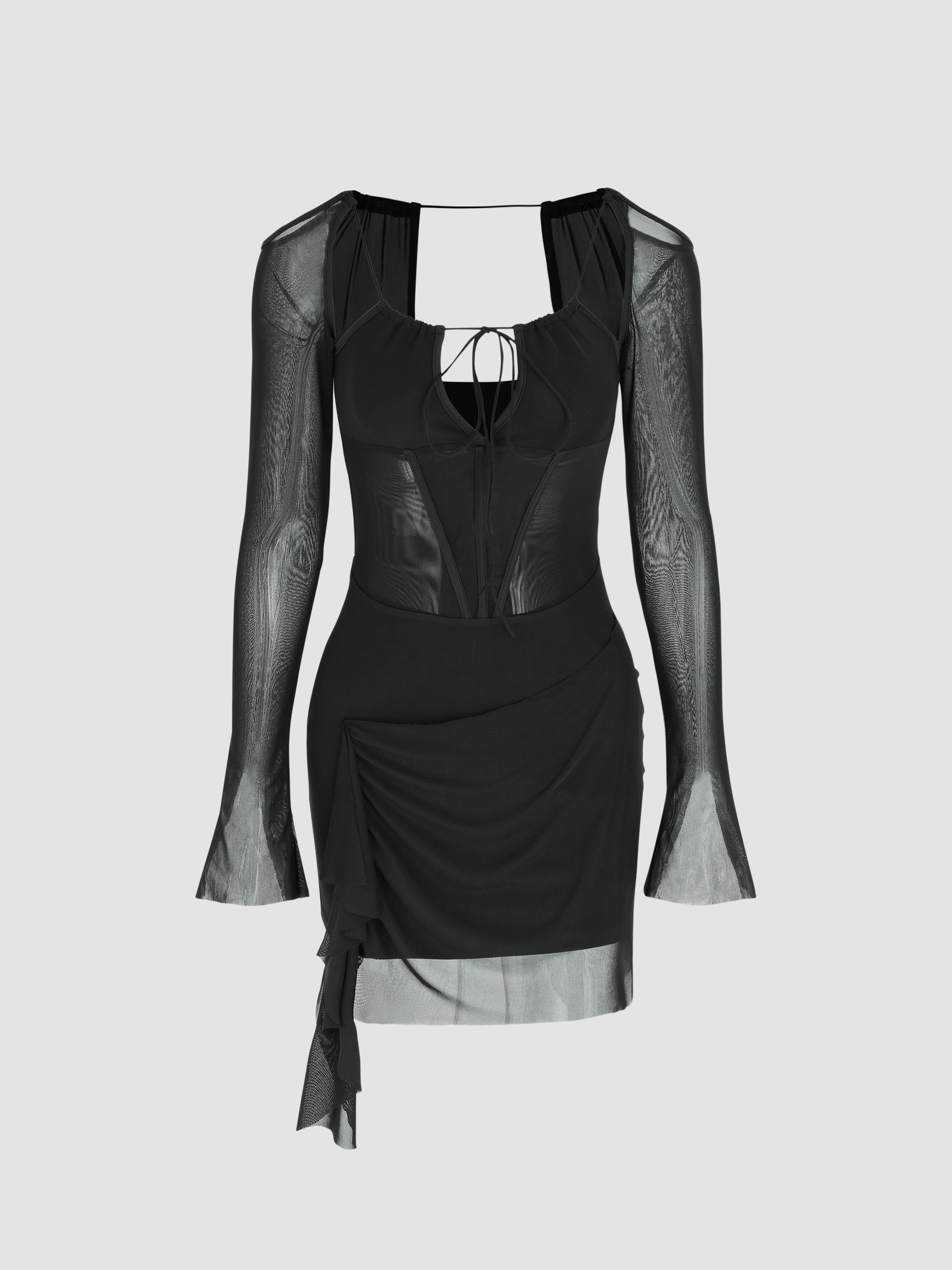 Mesh Knotted Square Neck Corset Ruched Mini Dress Cider