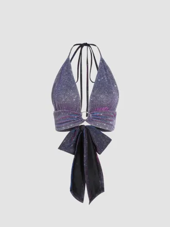 Glitter O-Ring Backless Halter Crop Top