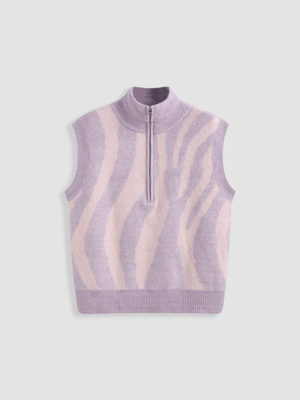 Strickweste mit hohem Kragen und Reißverschluss und Zebra-Print