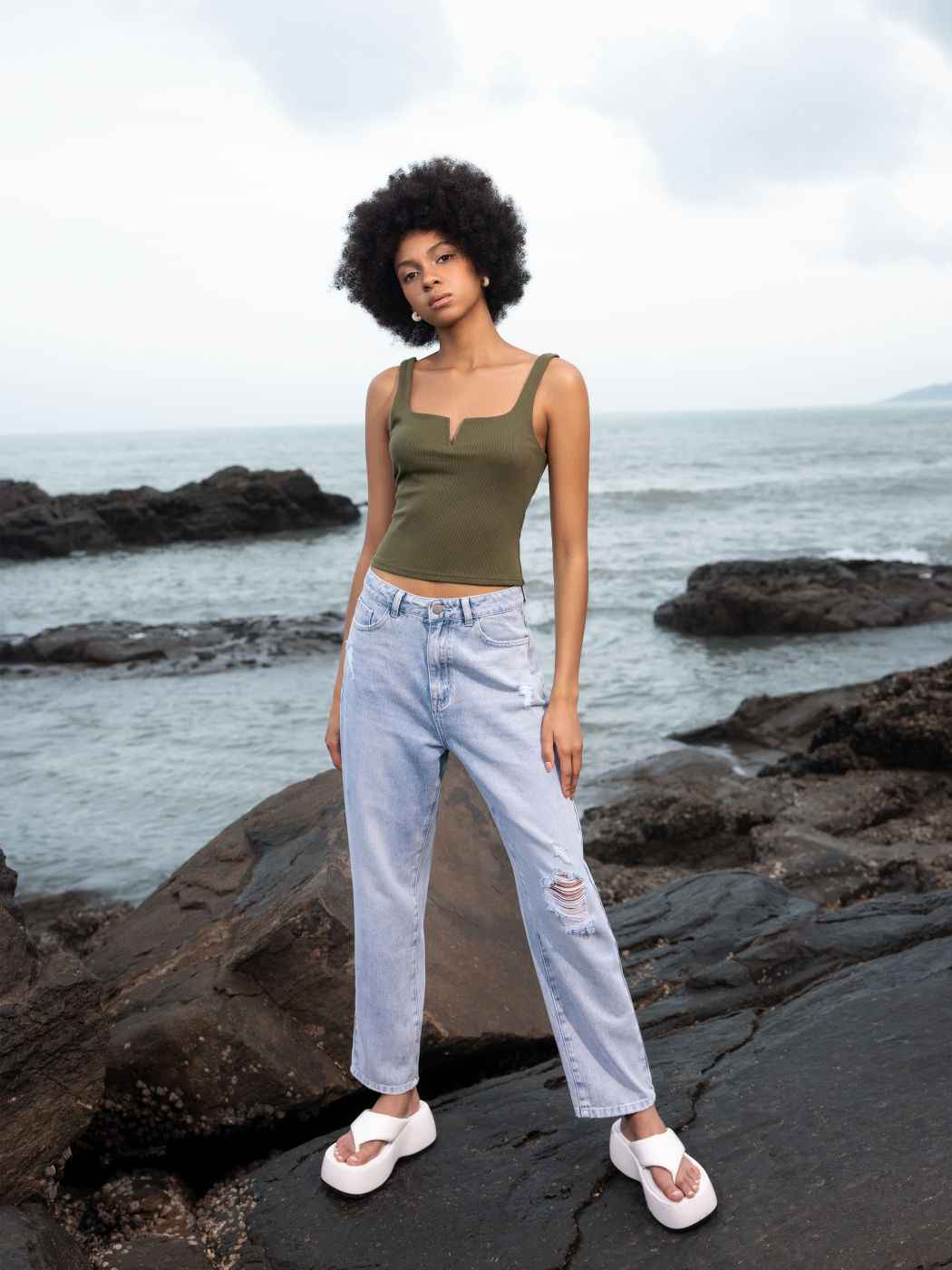 High Rise Recycled Fabric Ripped Straight Jeans