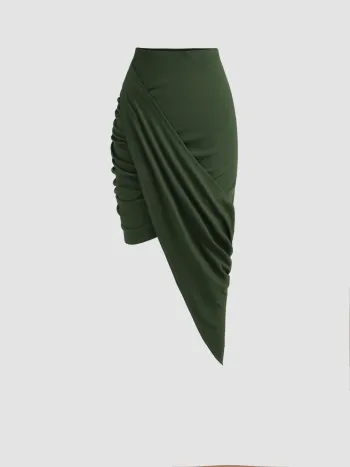 Solid Ruched Asymmetrical Hem Skirt
