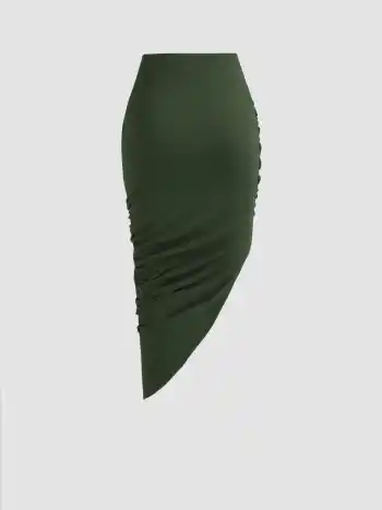Solid Ruched Asymmetrical Hem Skirt