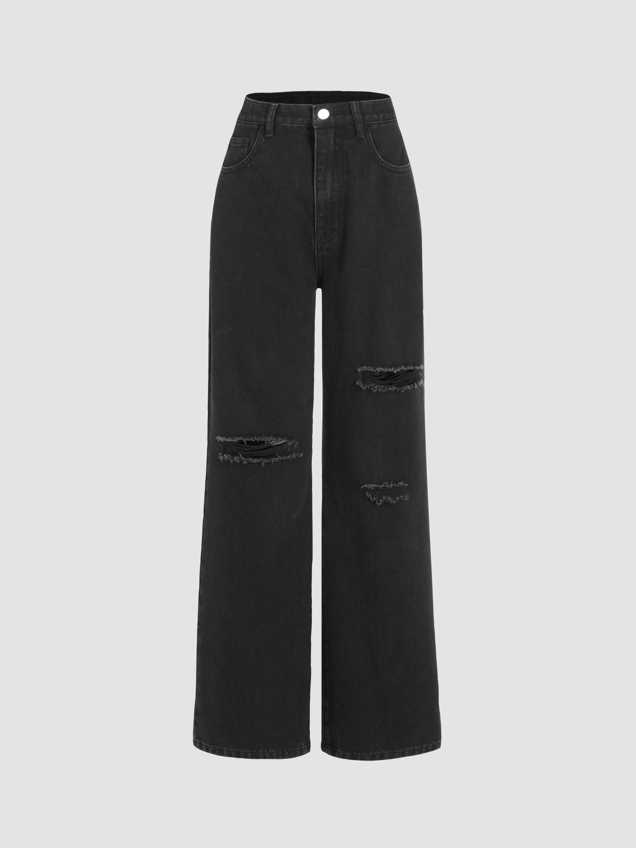 Pantalones Anchos de Cintura Alta con Recortes Sólidos - Cider