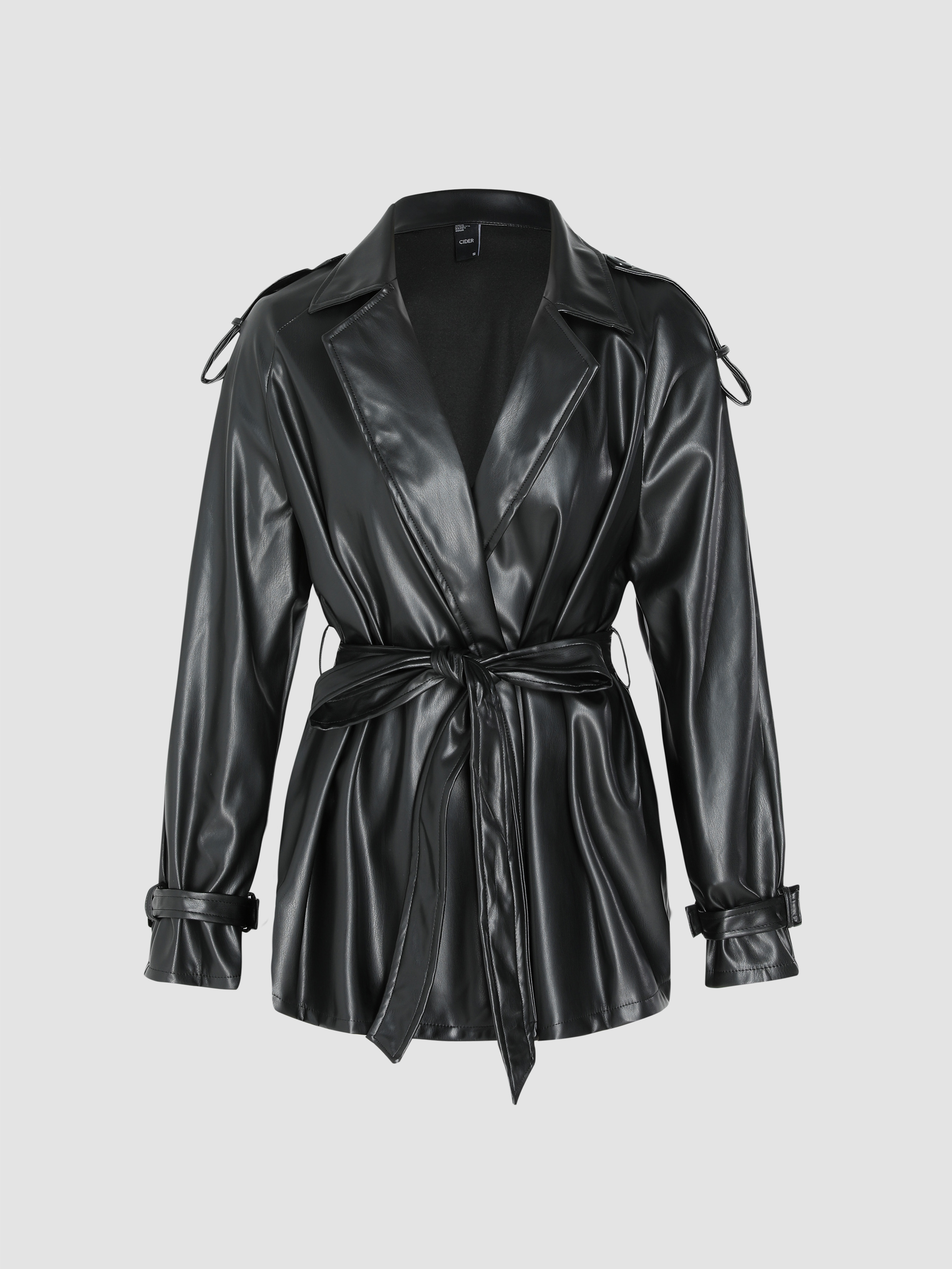 Faux Leather Collar Jacket With Belt - Cider