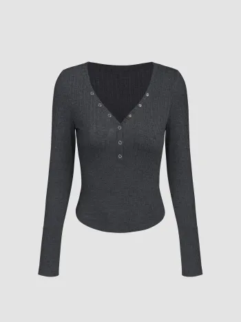 V-neck Elastic Button Long Sleeve Top