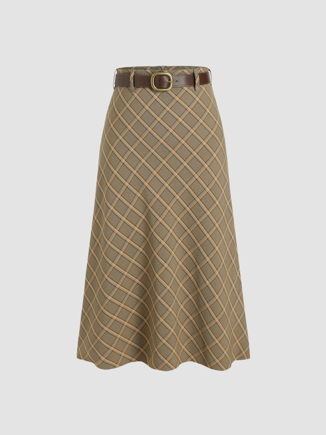 Gingham Long Skirt With Belt