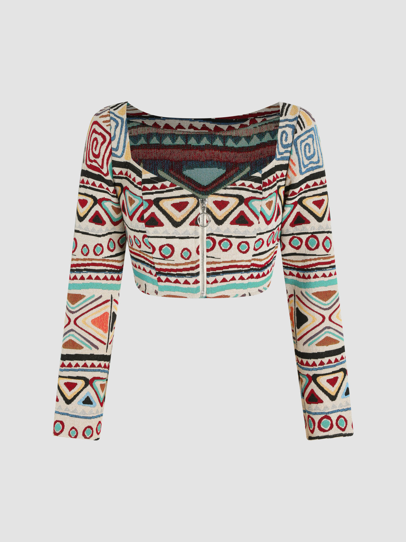 Geometric Zipper Long Sleeve Crop Top