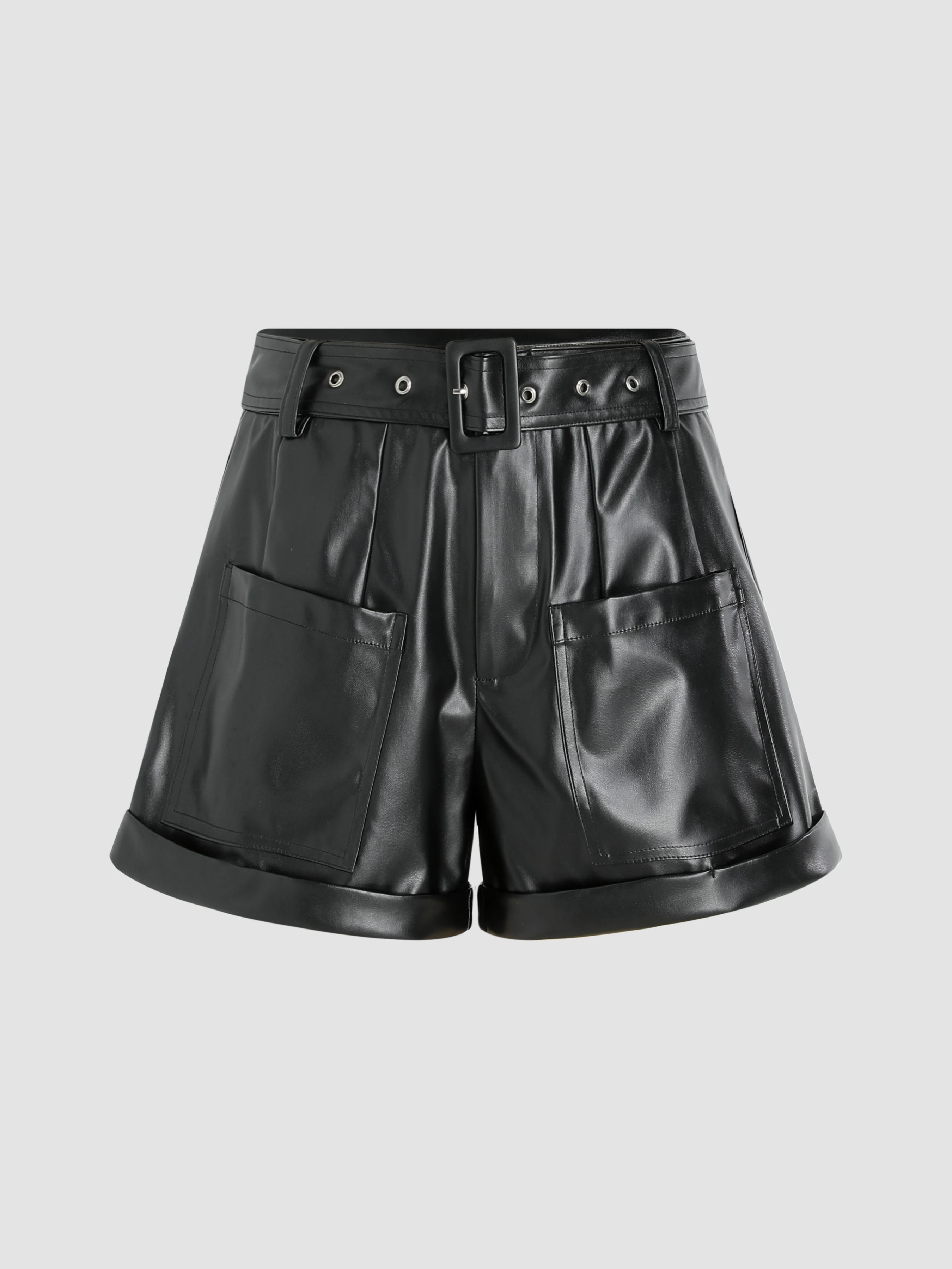 Material Solid Faux Leather Belted Mid Waist Shorts For Occasion Occasion