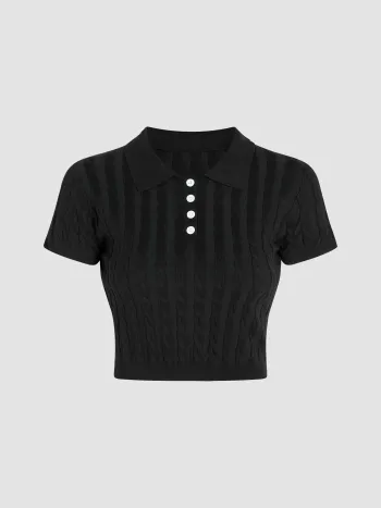 Solid Rib Knit Polo Crop Top