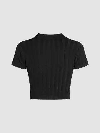 Solid Rib Knit Polo Crop Top