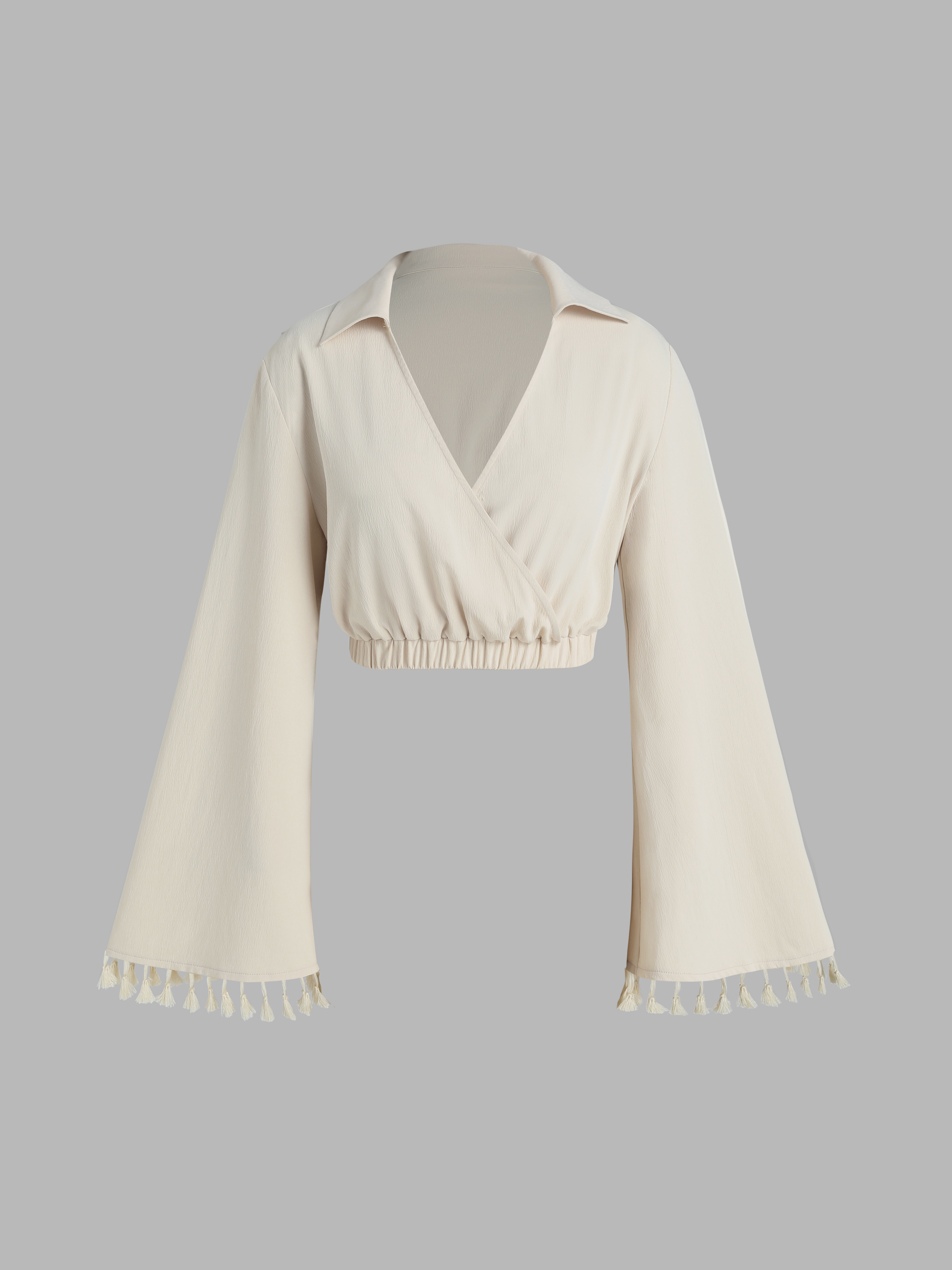 Solid Fringe Bell Sleeve Crop Blouse Cider