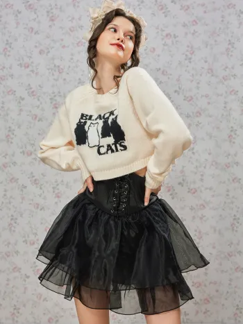 Kurzer Pullover mit Katzen-Print