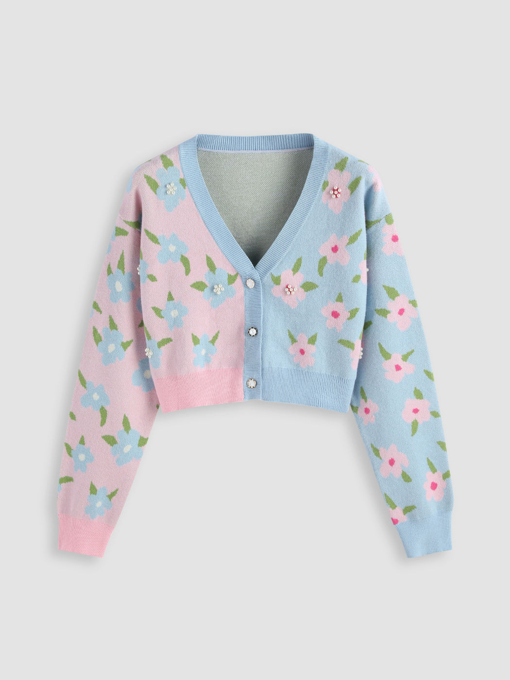 Two Tone Button Up Floral Faux Pearl Cardigan - Cider