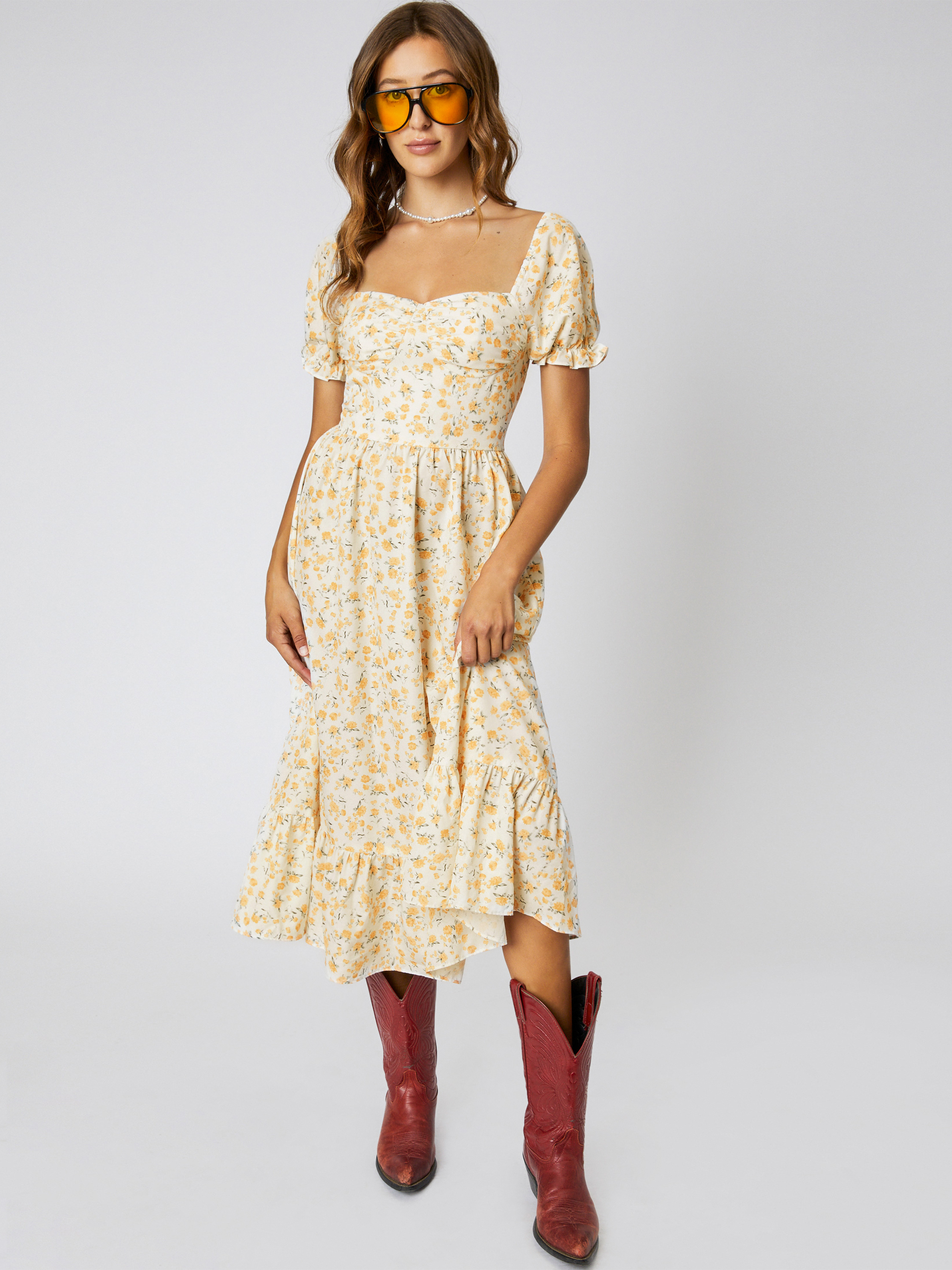 3COLOUR★Puff Sleeve Floral French Ruffle Fishtail Dress 38 DMJVSCXL Womens Casual Dresses Womens French Style Fishtail