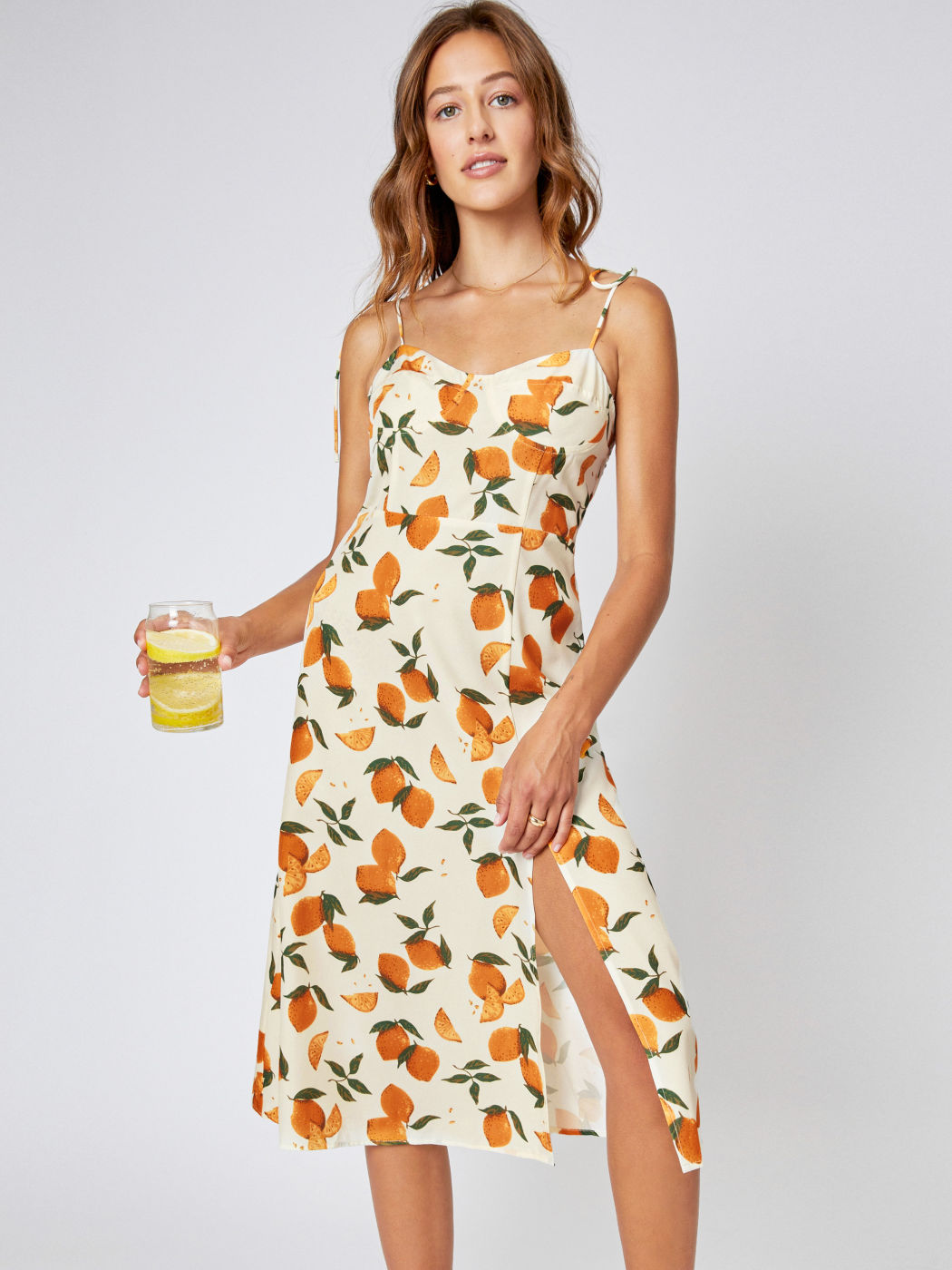 Lemon Print Tie Shoulder Slit Midi Dress