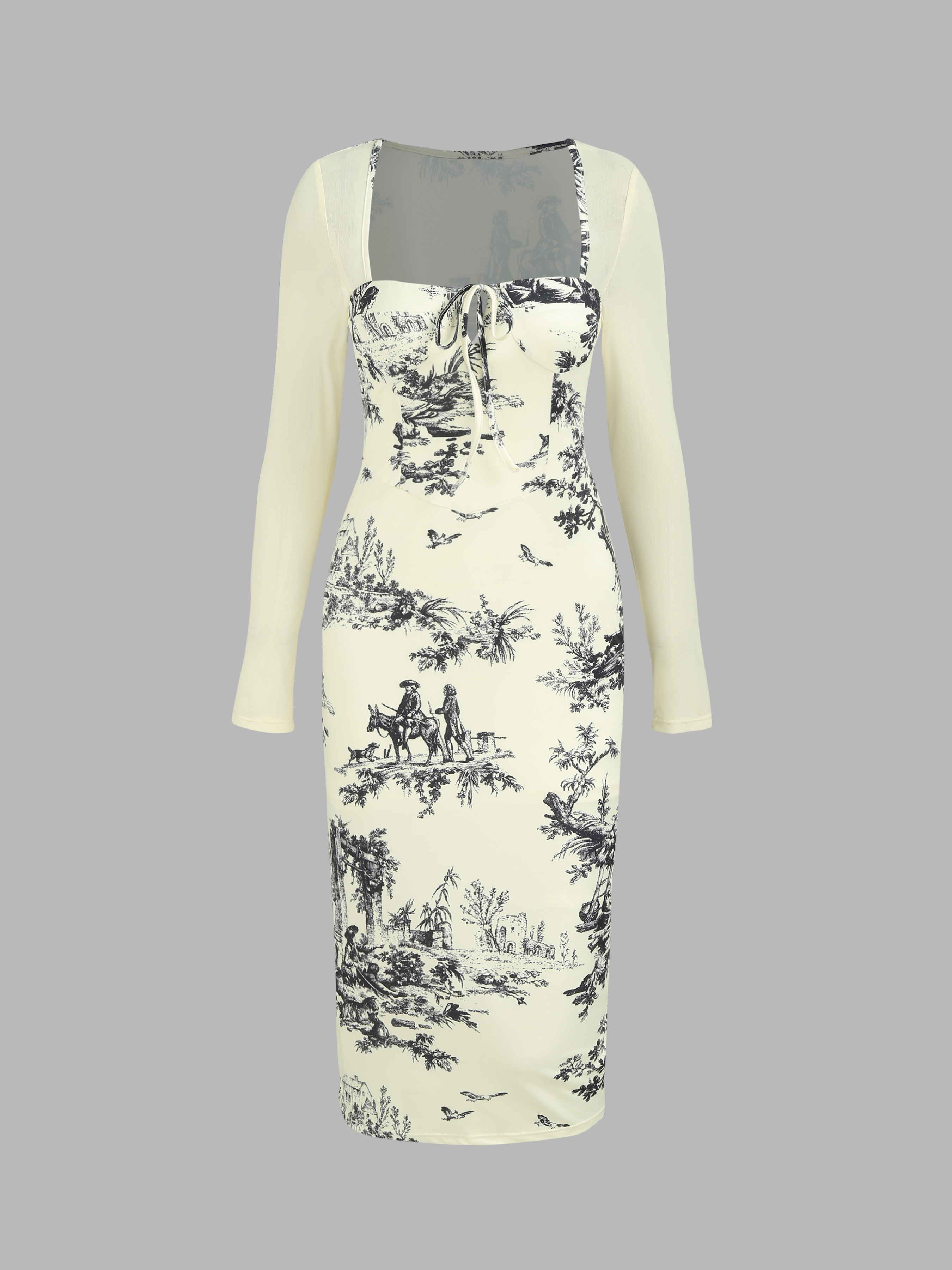 Satin Landscape Pattern Midi Dress Cider
