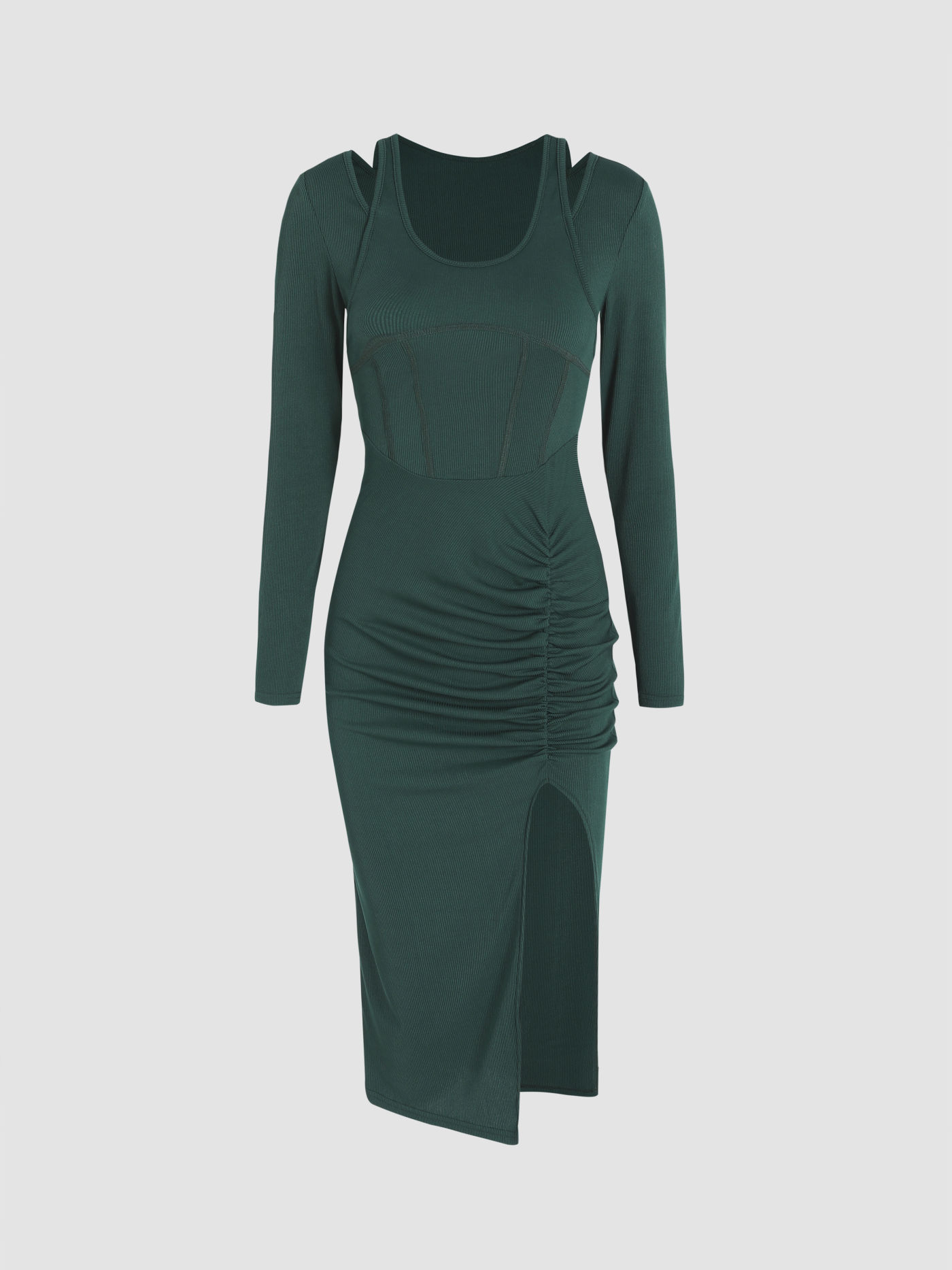 Solid Rib Corset Ruched Slit Dress