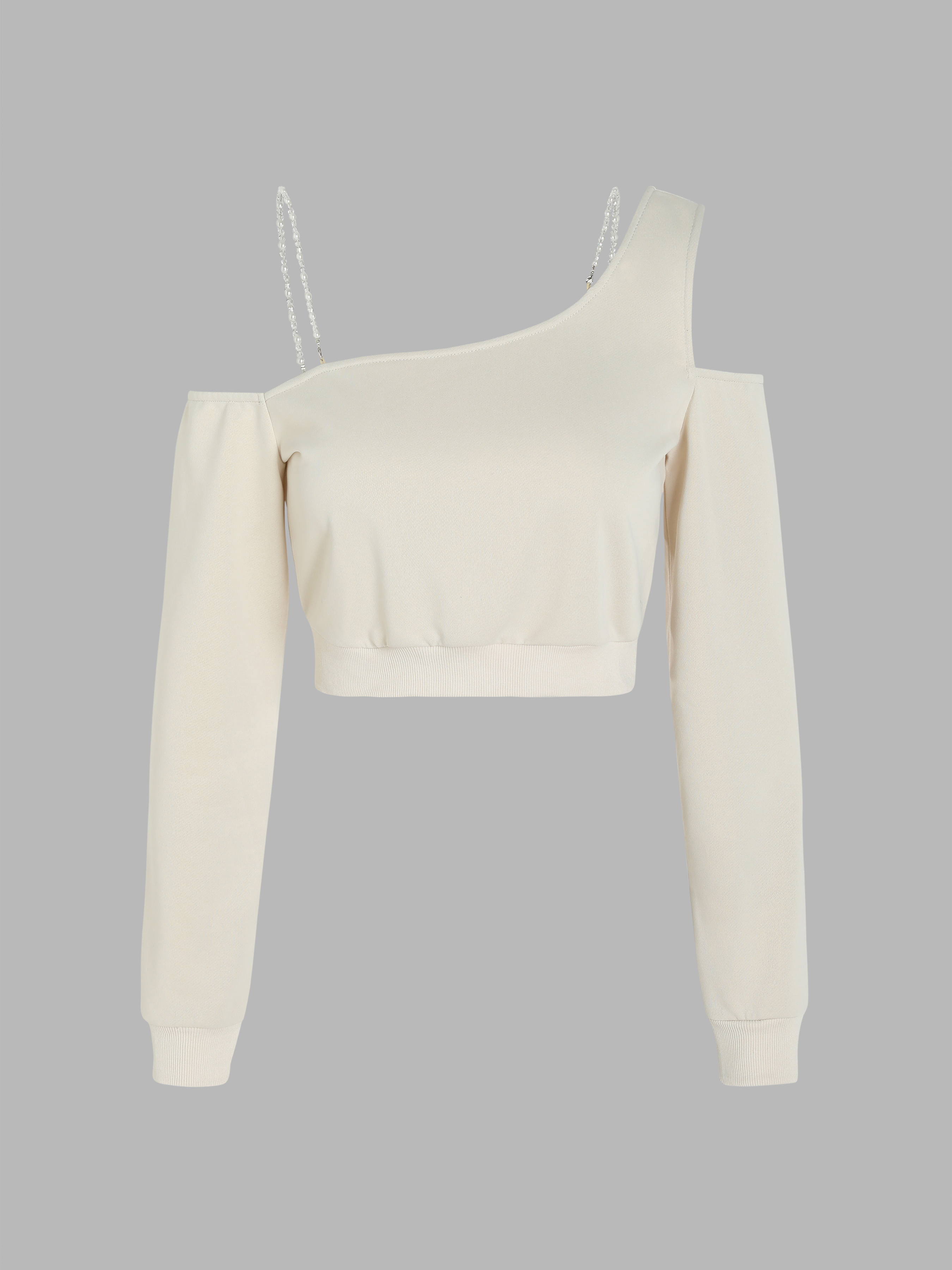 Terry Beaded Straps Asymmetrical Neck Crop Sweatshirt For