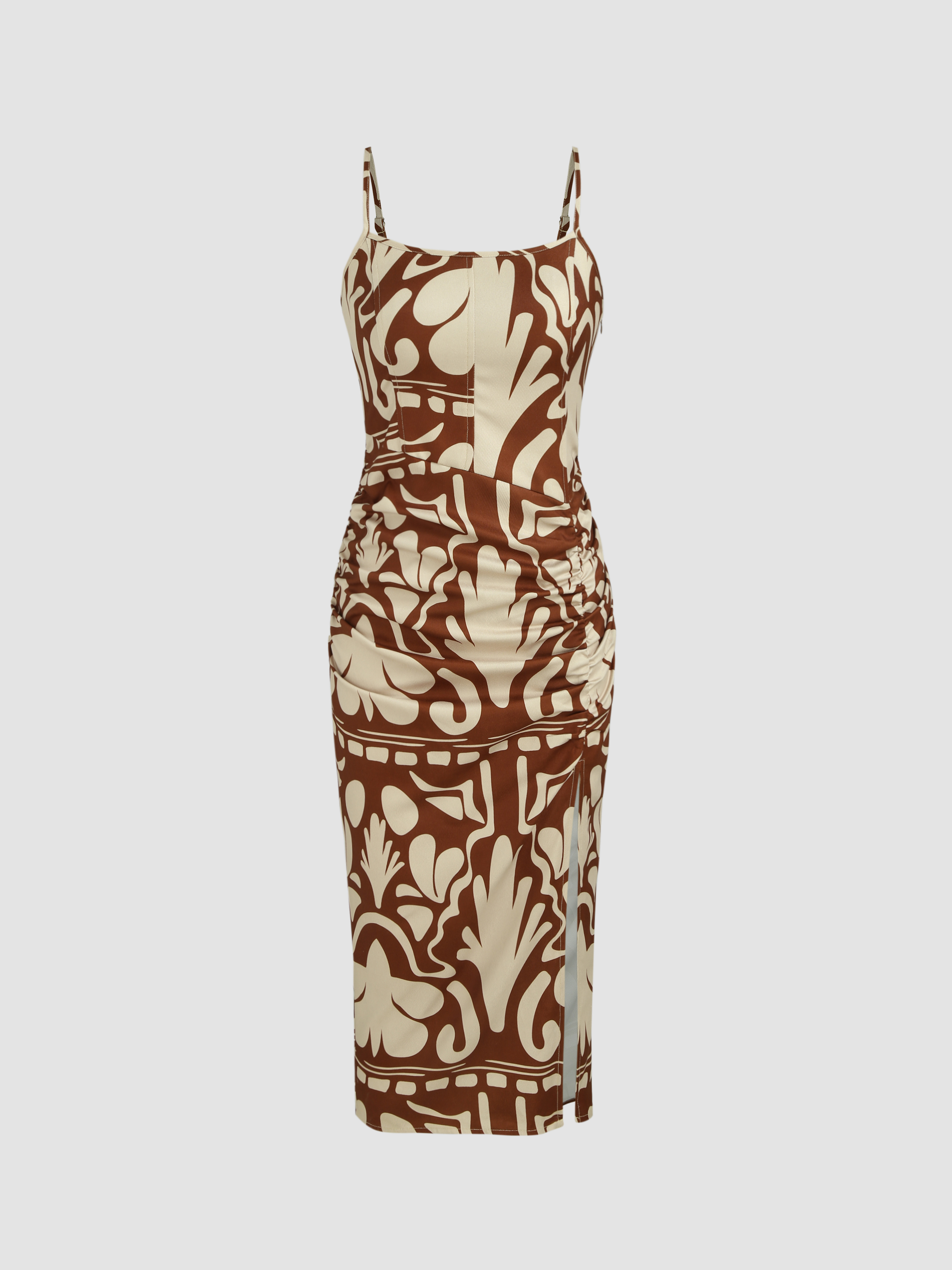 Floral Ruched Split Long Dress - Cider