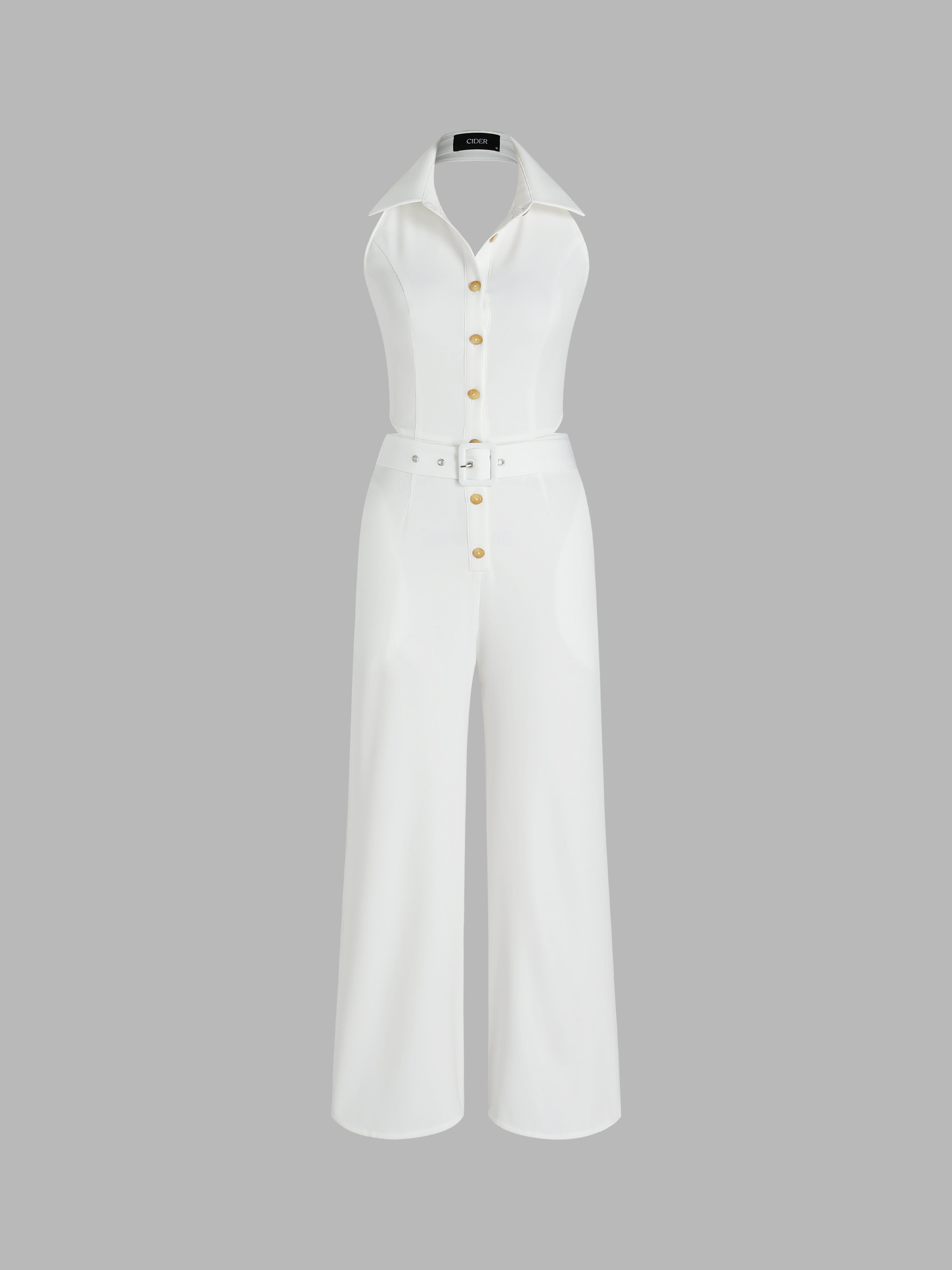 Solid Button Halter Belted Jumpsuit Cider