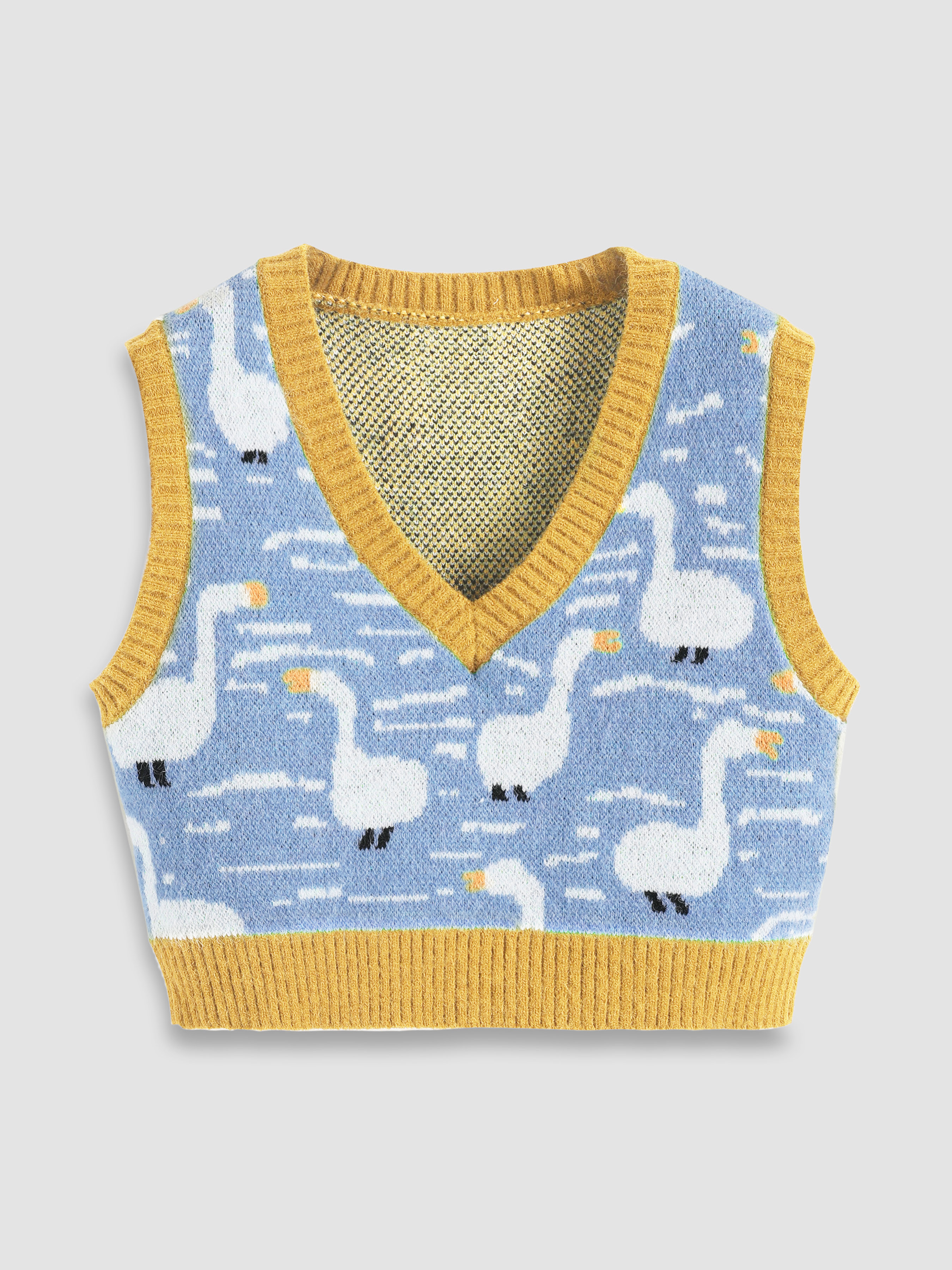 Duck Pattern Contrasting Sweater Vest - Cider