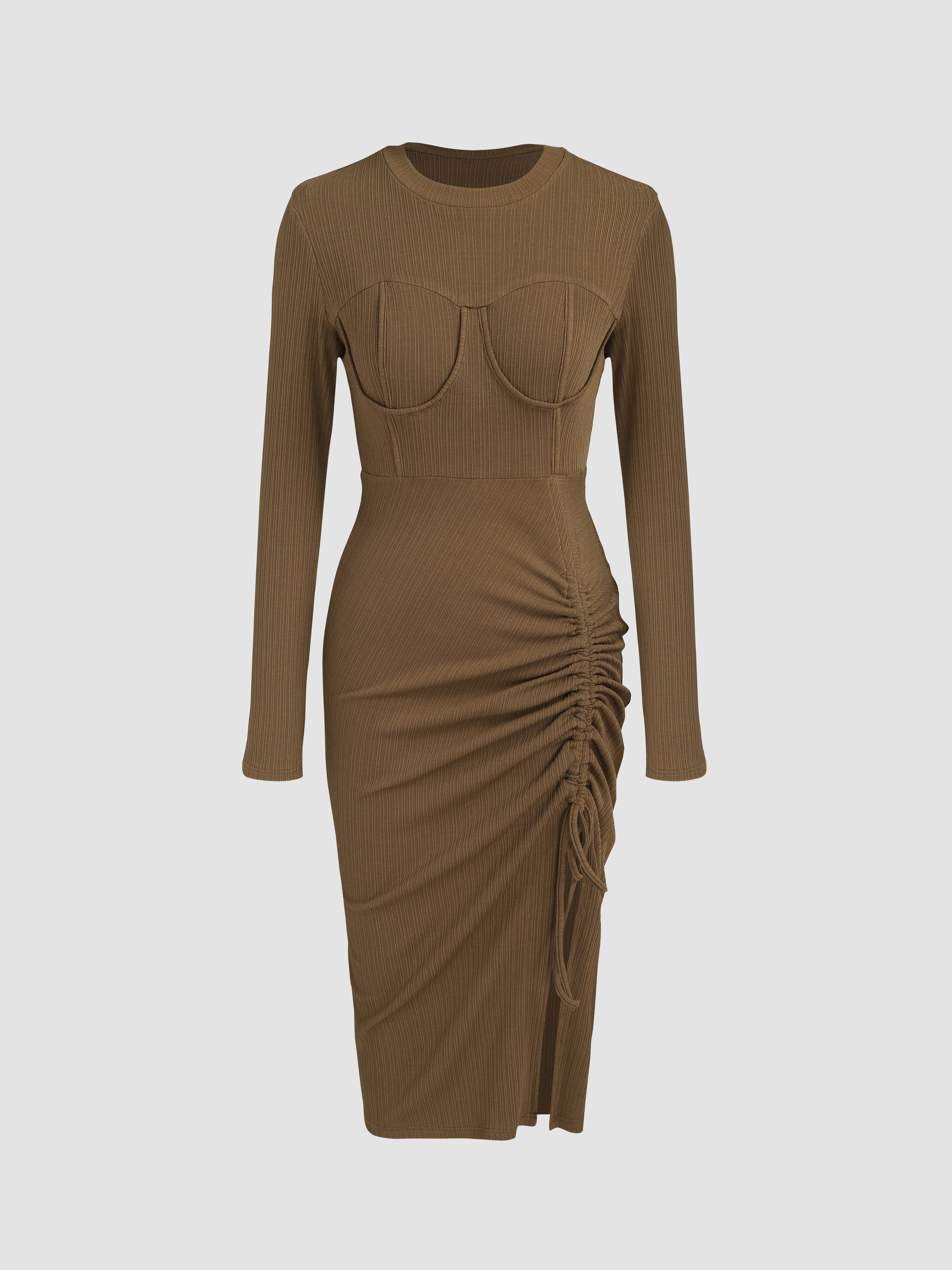 Solid Ruched Midi Dress Cider