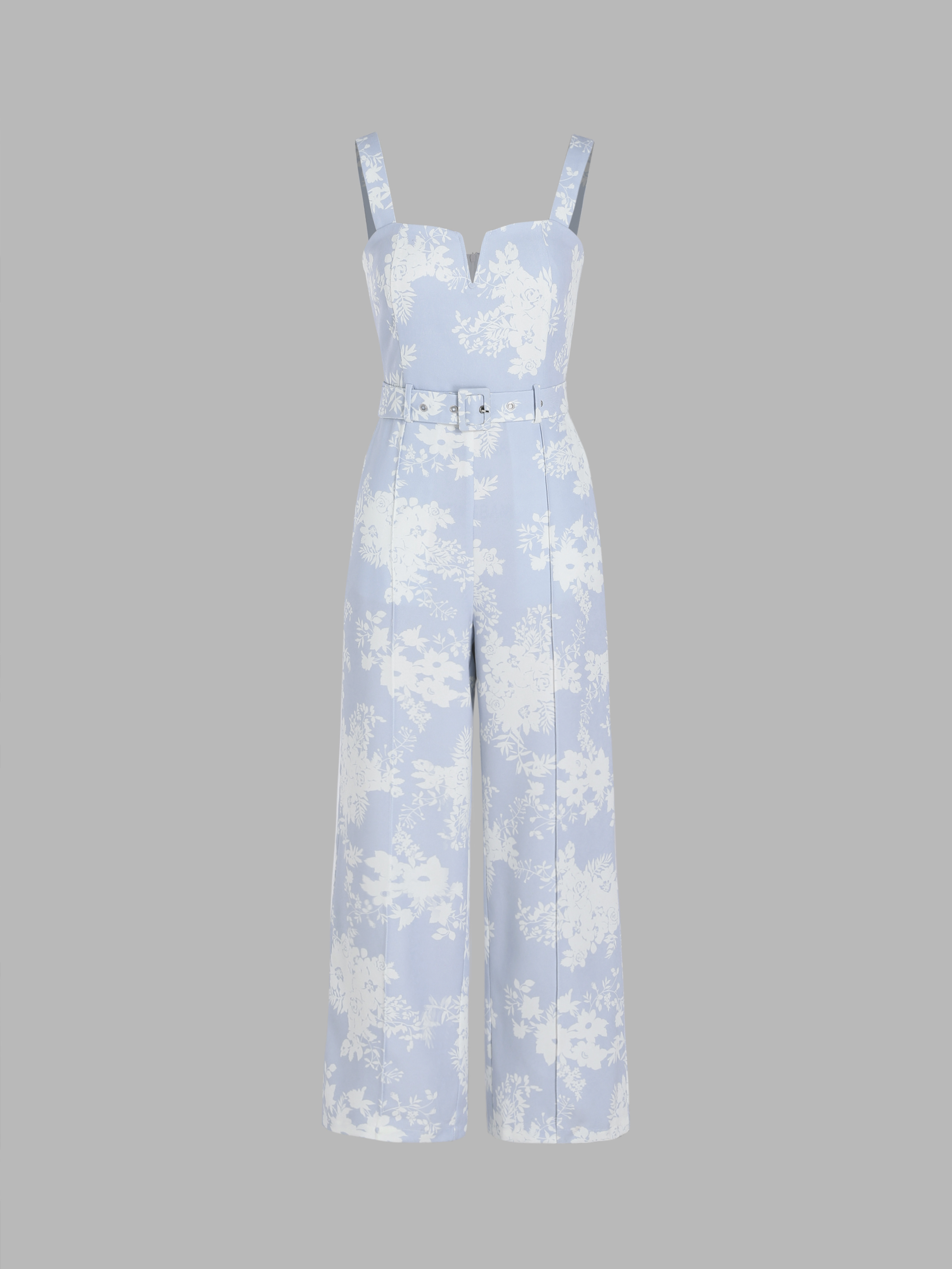 Woven Floral Print V Wire Belted Jumpsuit For Coffee Shop Daily Casual ...