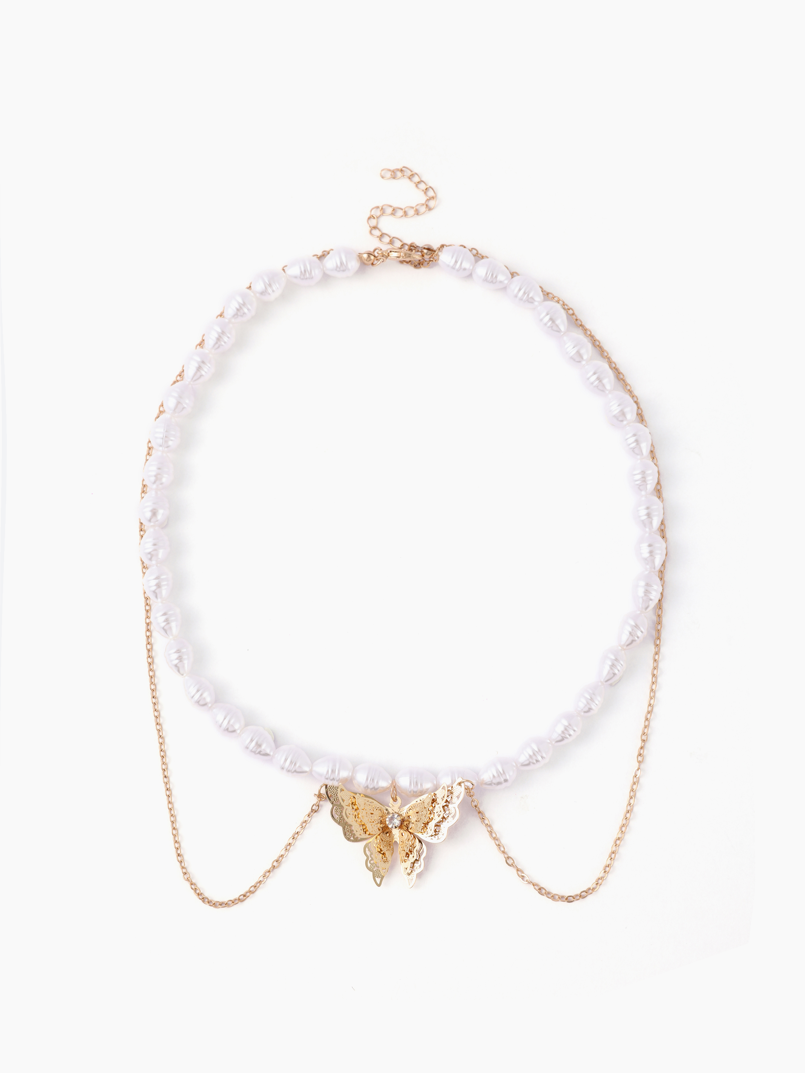 Butterfly Charm Faux Pearl Layered Necklace Cider