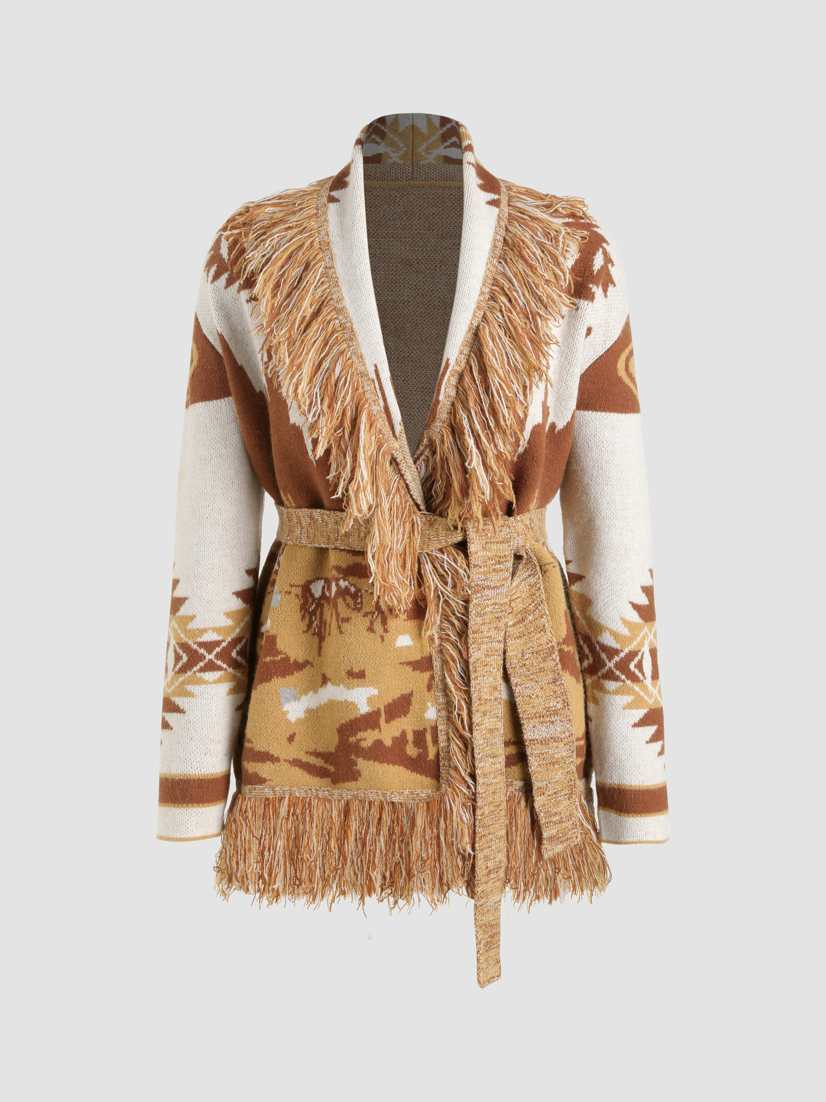 V-neck Fringe Oversized Knitted Cardigan For Beach Work