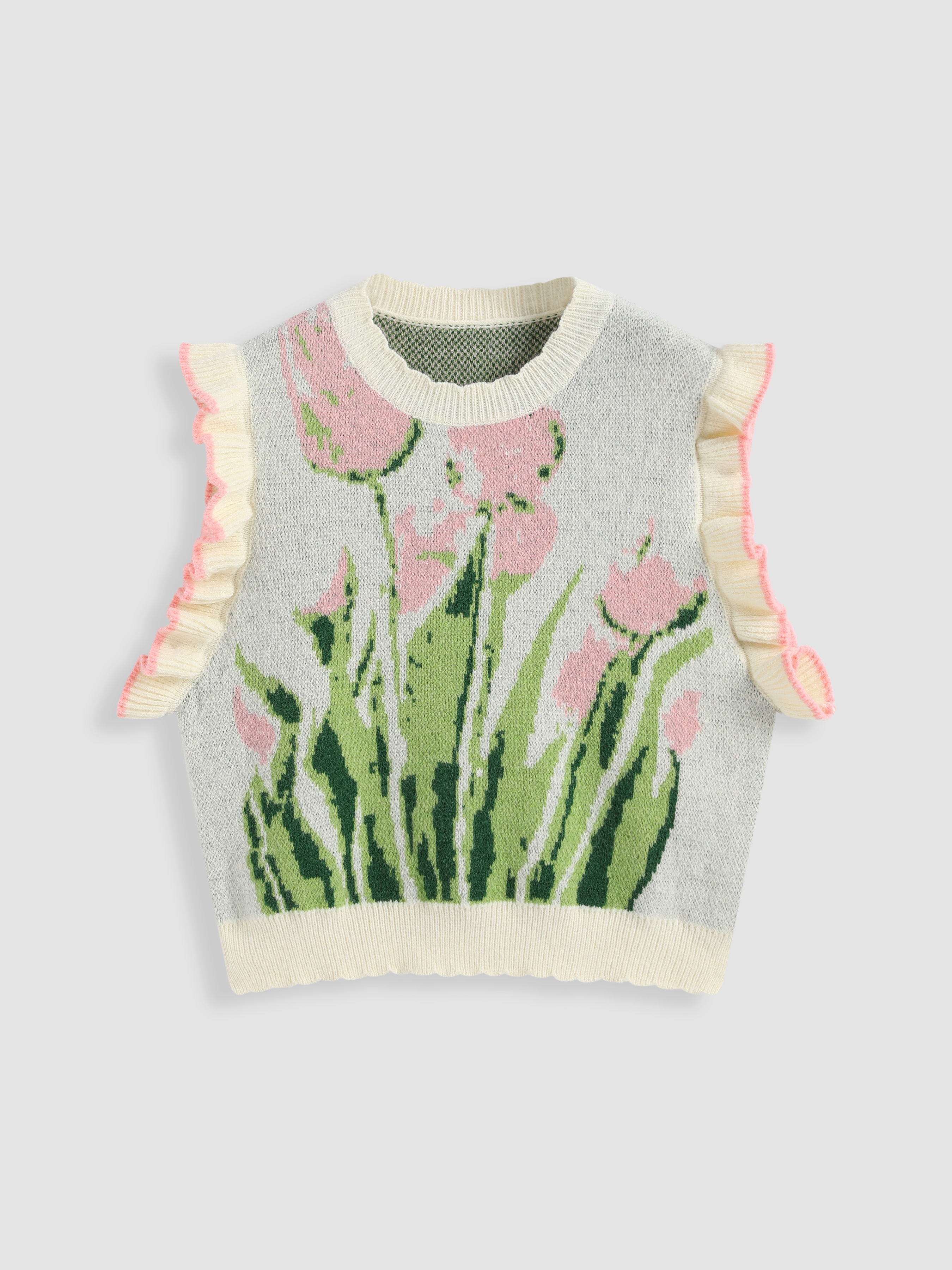Gilet tricoté à motif floral et bordure en laitue