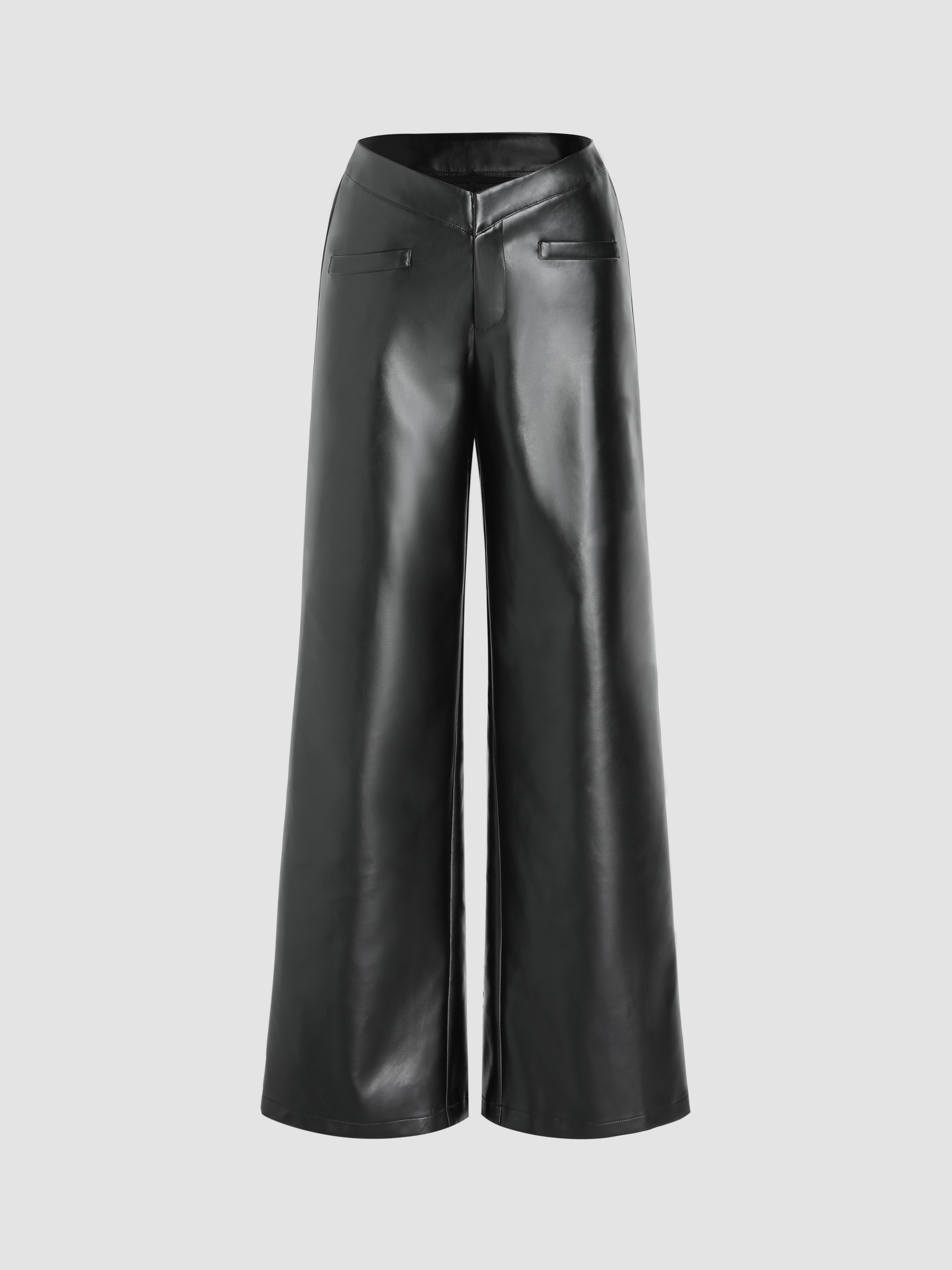 Solid Faux Leather V Waist Straight Leg Pants