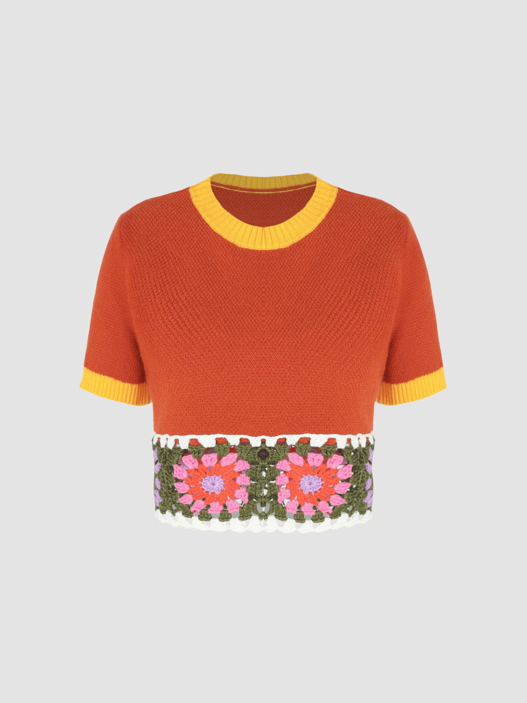 Floral Pattern Crop Short Sleeve Knitted Top
