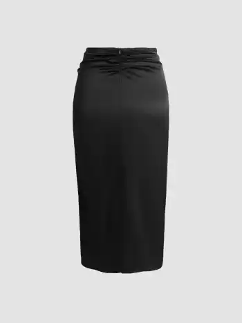 Satin Tie Front Slit Midi Skirt