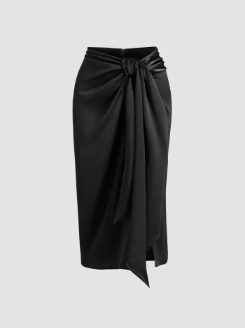 Satin Tie Front Slit Midi Skirt