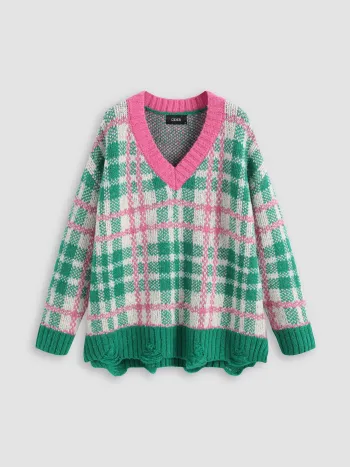 Pull Oversize à Carreaux Couleur Pastèque