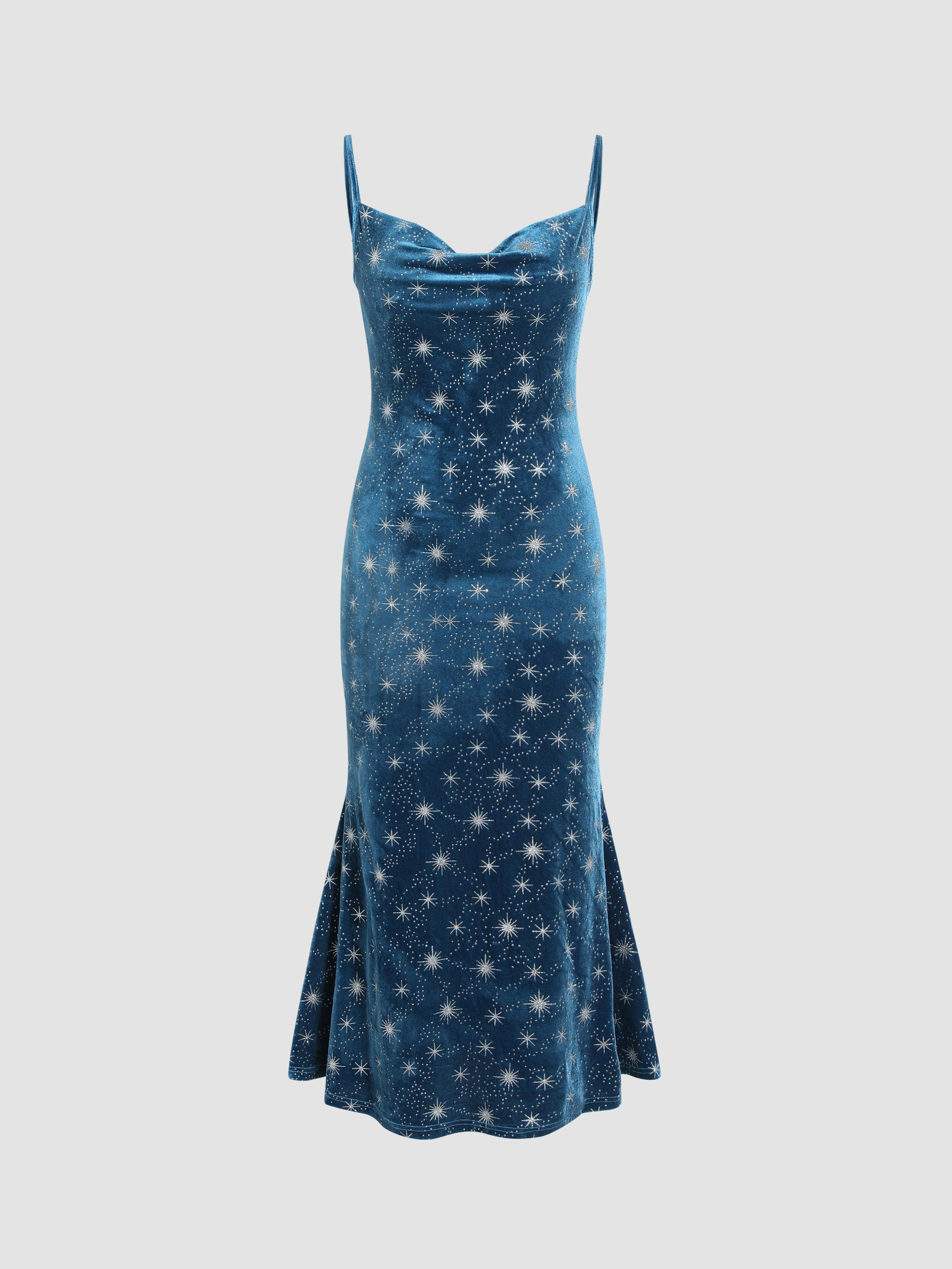 Velvet Cowl Neck Star Pattern Mermaid Maxi Dress