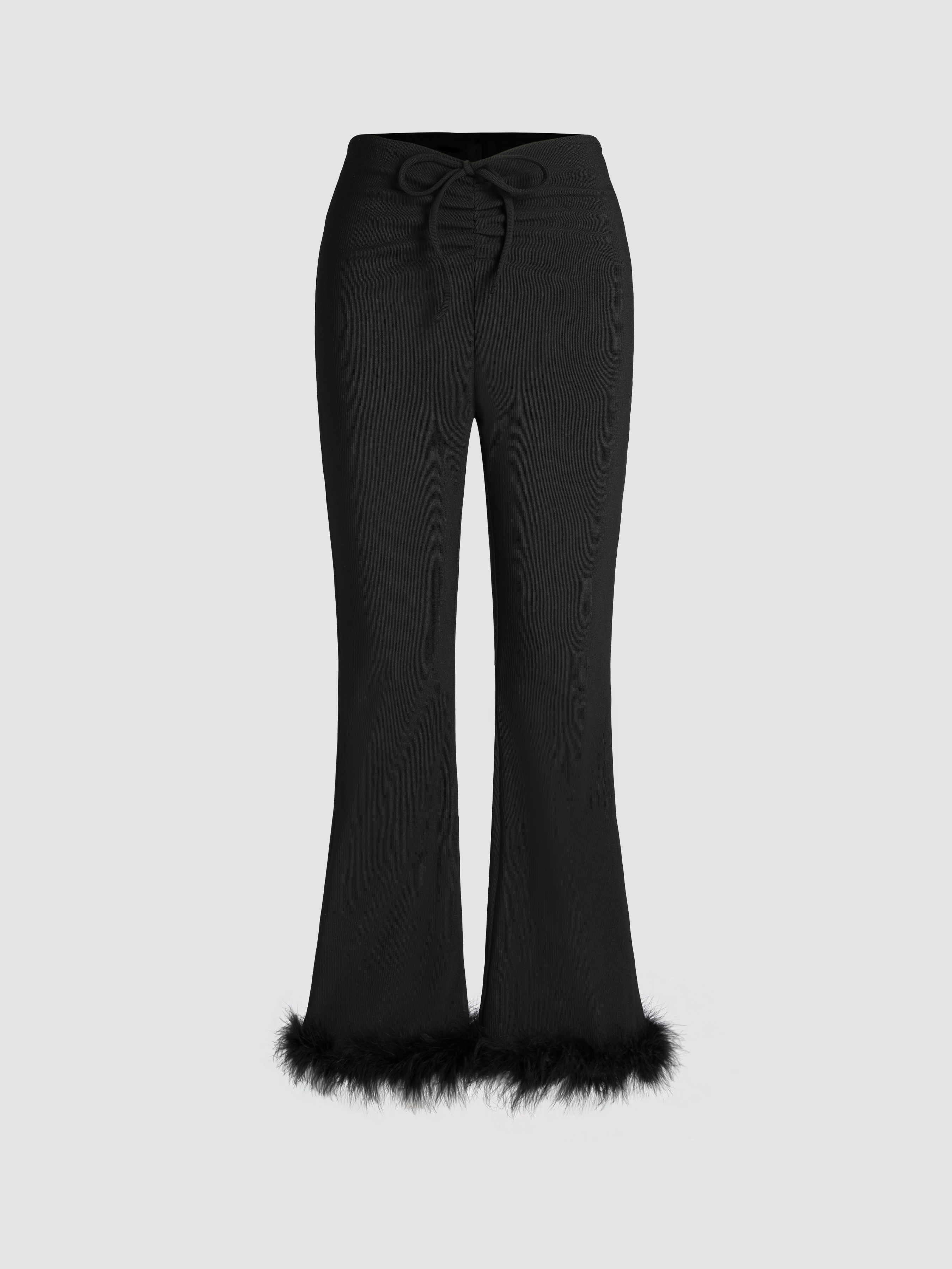 Rib Low Waist Feather Trim Flared Trousers