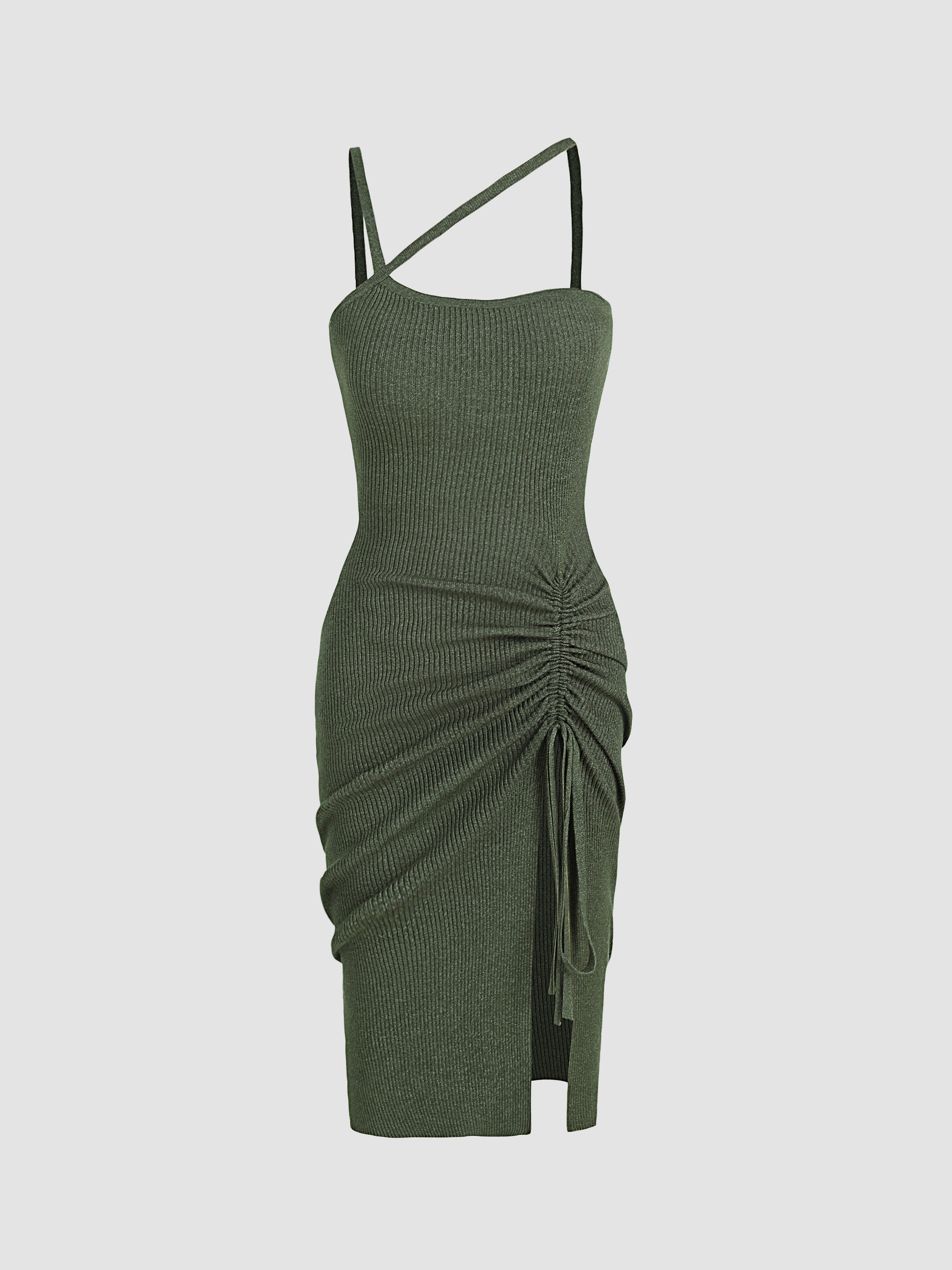 Asymmetrical Ruched Knitted Midi Dress Cider