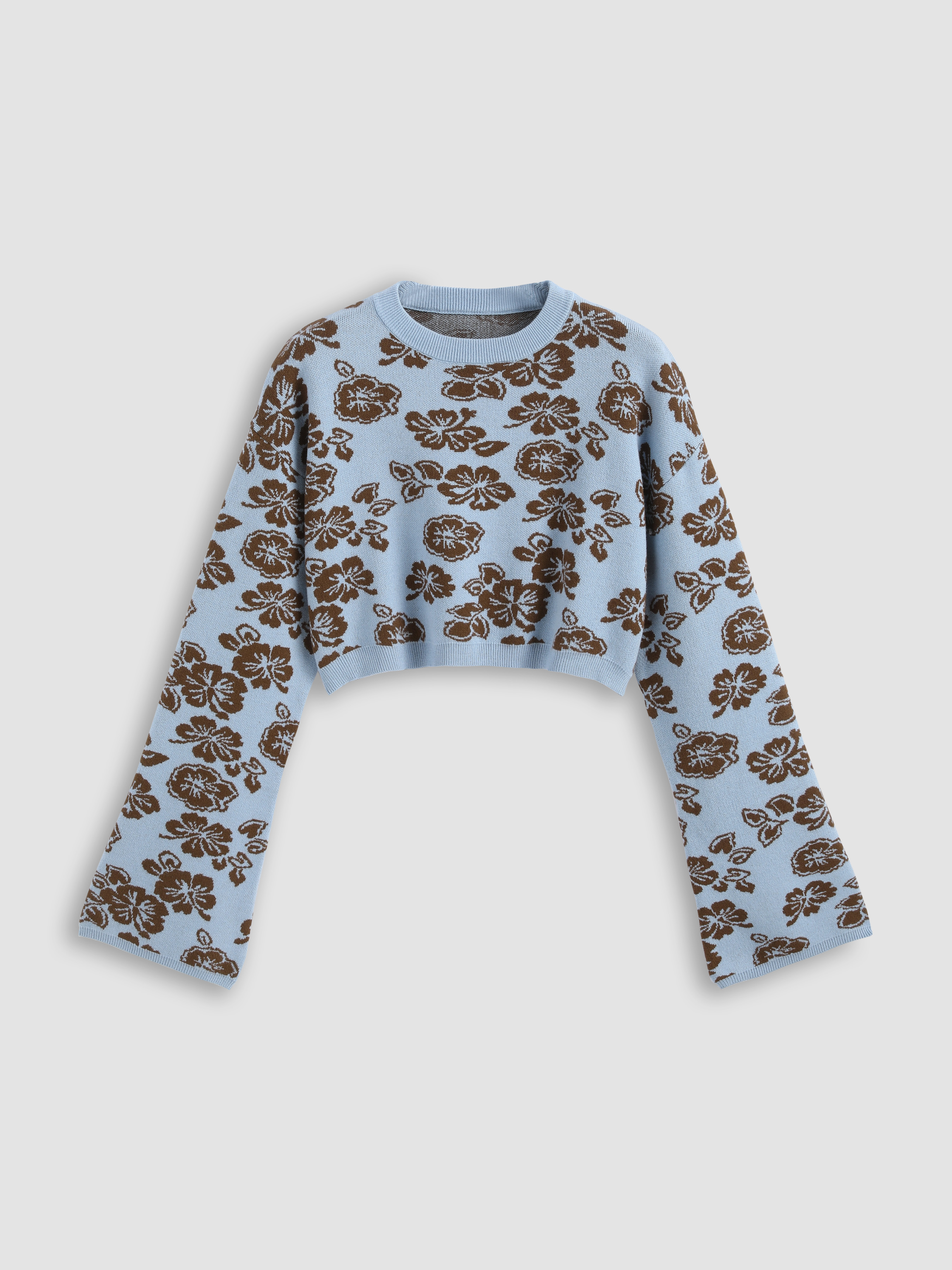 Floral Bell Sleeve Crop Sweater Cider