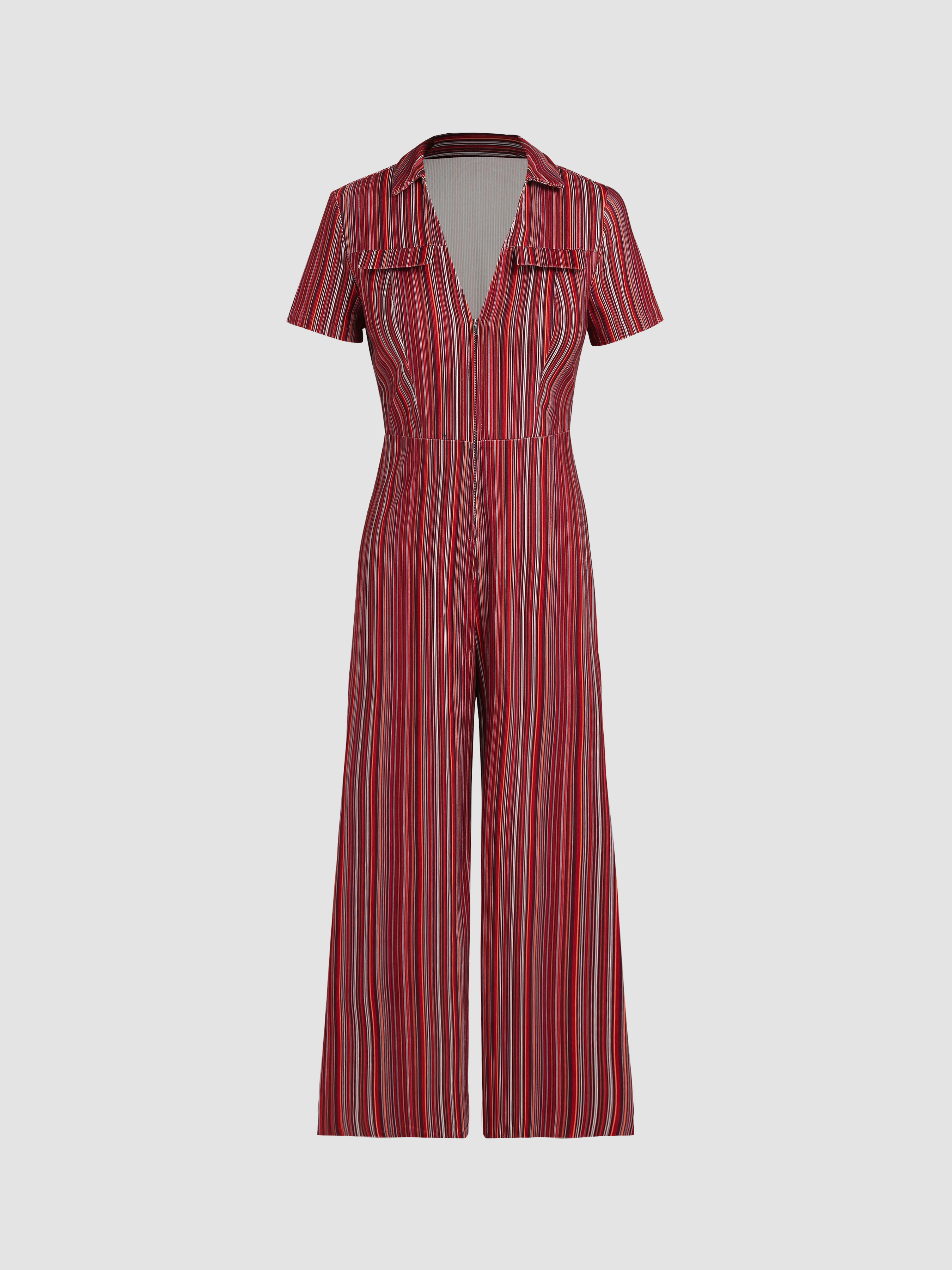 Stripe Zipper Up Collar Jumpsuit For Outdoor Vacation