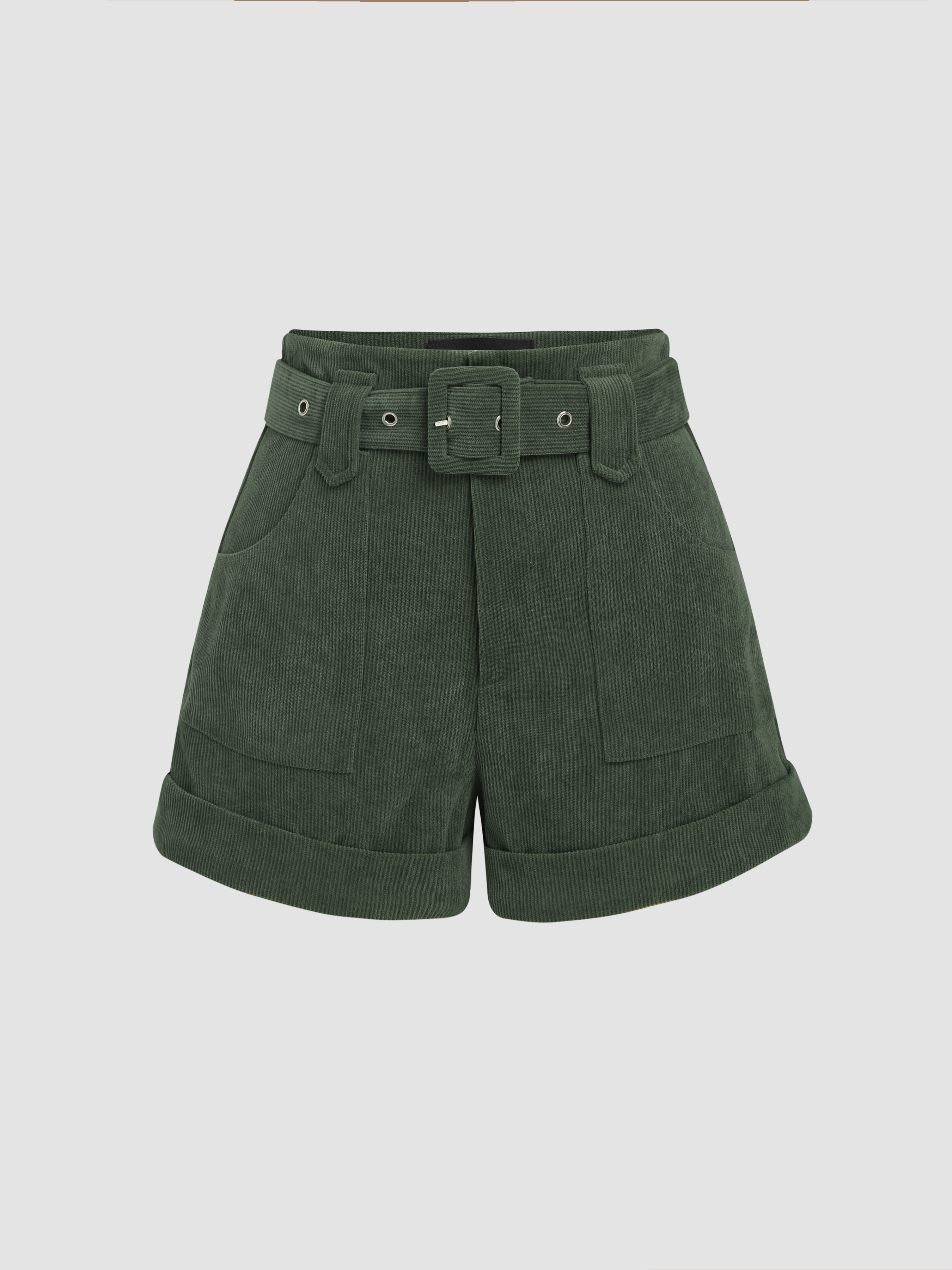 Solid Corduroy Middle Waist Shorts with Belt
